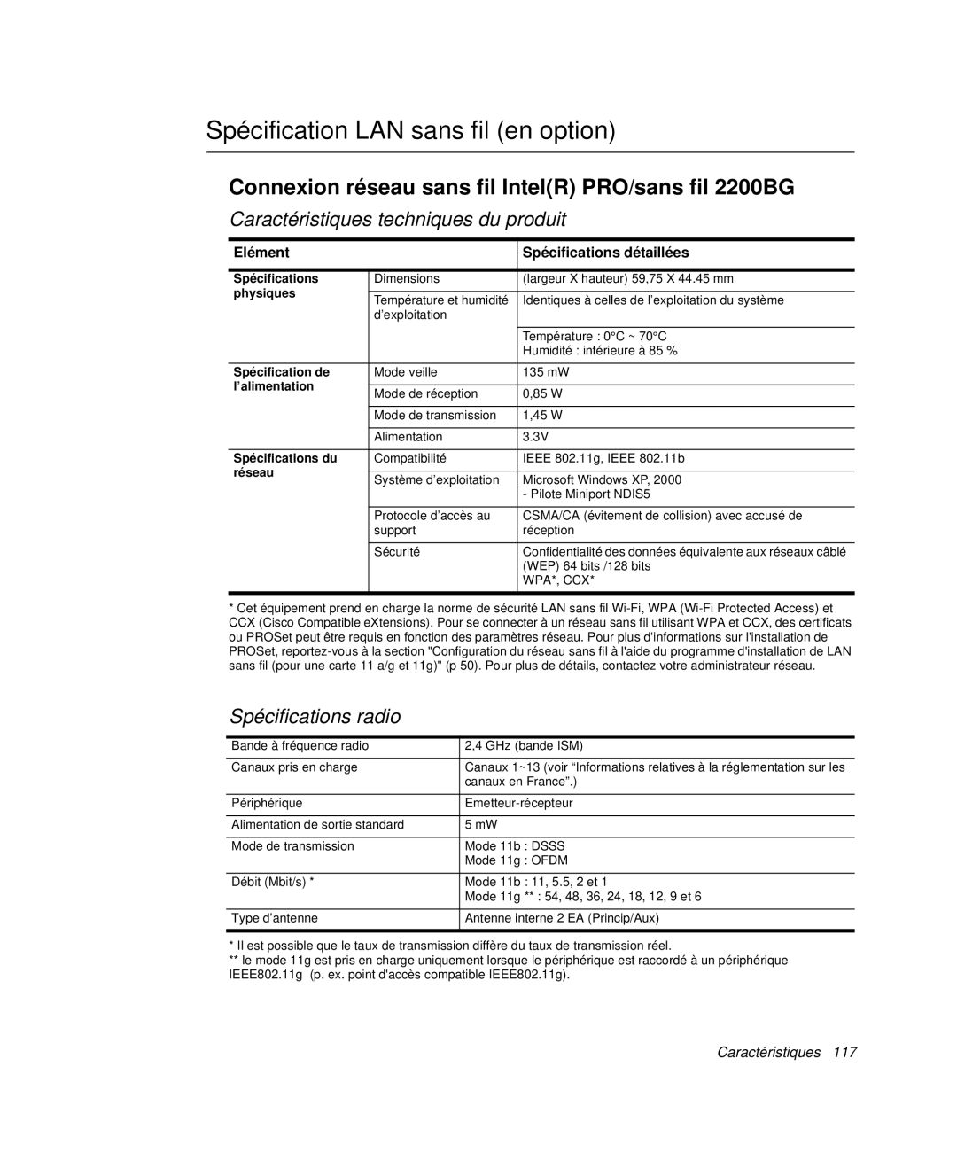 Samsung NP-Q30TY02/SEF manual Spécification LAN sans fil en option, Connexion réseau sans fil IntelR PRO/sans fil 2200BG 