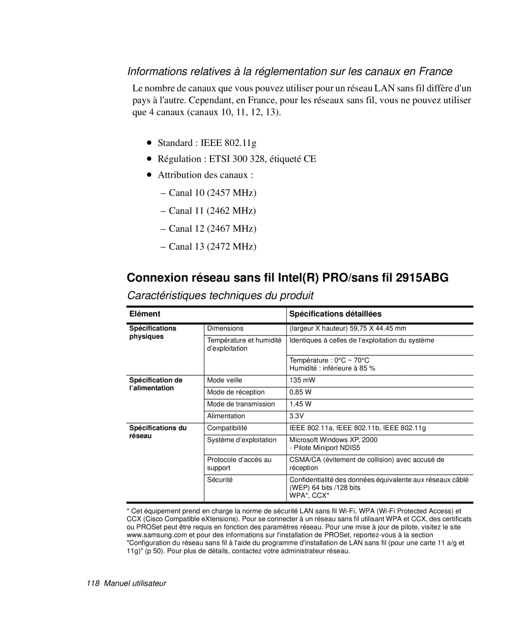 Samsung NP-Q30T003/SEF, NP-Q30T002/SEF, NP-Q30TY01/SEF, NP-Q30T001/SEF Connexion réseau sans fil IntelR PRO/sans fil 2915ABG 