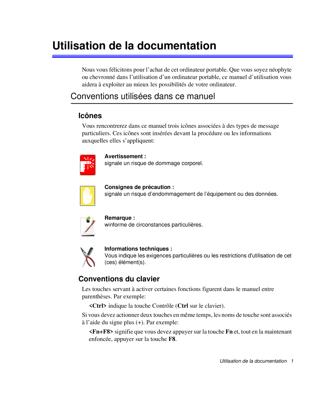 Samsung NP-Q30T001/SEF, NP-Q30T002/SEF manual Utilisation de la documentation, Conventions utilisées dans ce manuel, Icônes 