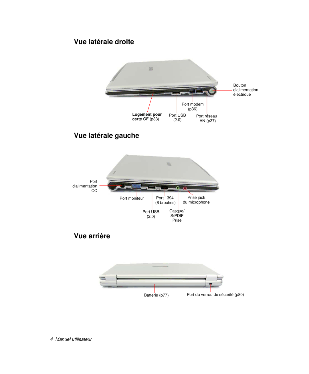 Samsung NP-Q30T003/SEF, NP-Q30T002/SEF, NP-Q30TY01/SEF, NP-Q30T001/SEF Vue latérale droite, Vue latérale gauche, Vue arrière 