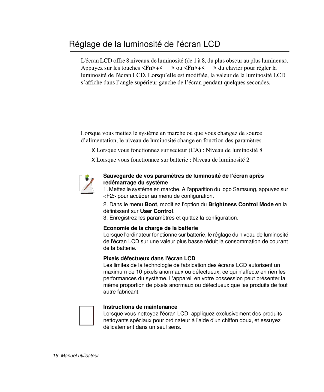 Samsung NP-Q30T003/SEF, NP-Q30T002/SEF manual Réglage de la luminosité de lécran LCD, Economie de la charge de la batterie 