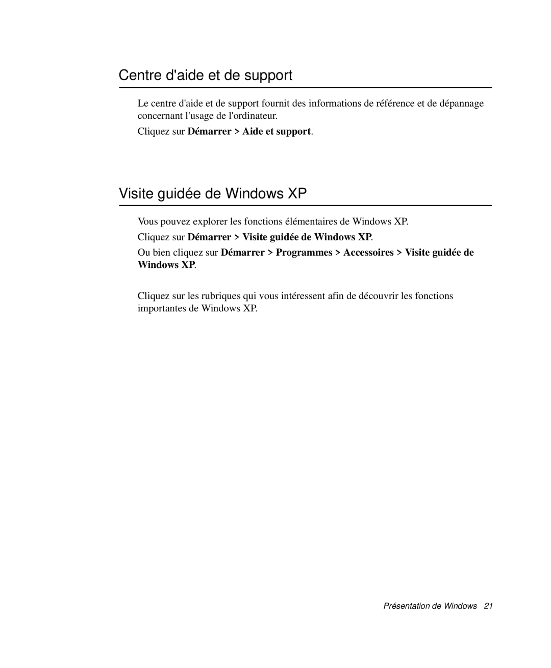 Samsung NP-Q30TY02/SEF manual Centre daide et de support, Visite guidée de Windows XP, Cliquez sur Démarrer Aide et support 