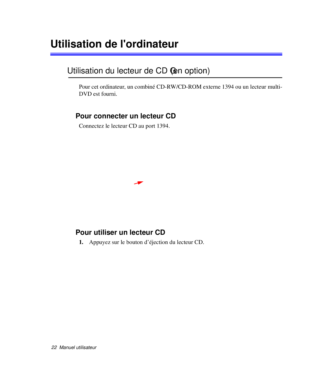 Samsung NP-Q30T003/SEF Utilisation de lordinateur, Utilisation du lecteur de CD en option, Pour connecter un lecteur CD 