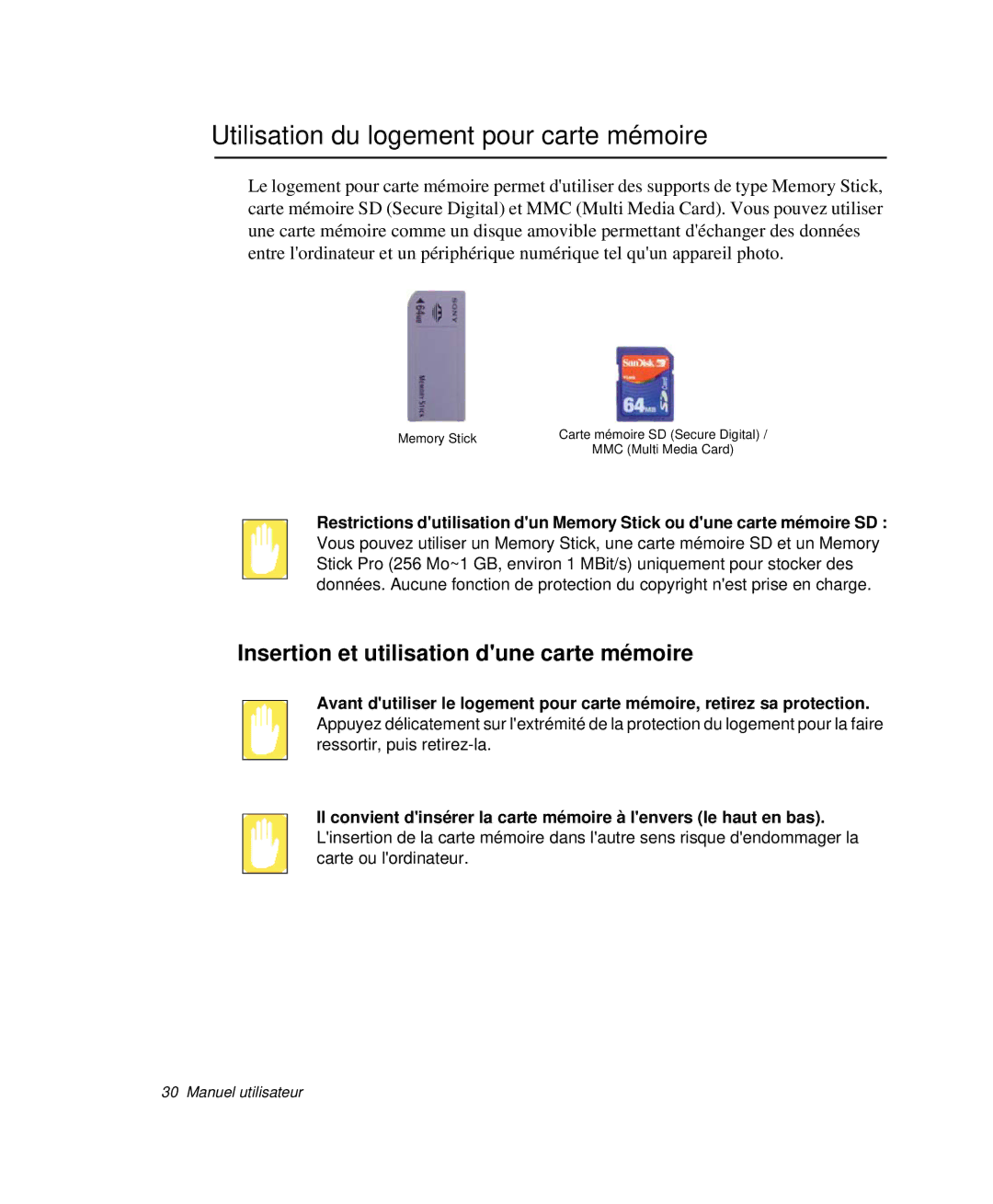 Samsung NP-Q30TY01/SEF manual Utilisation du logement pour carte mémoire, Insertion et utilisation dune carte mémoire 