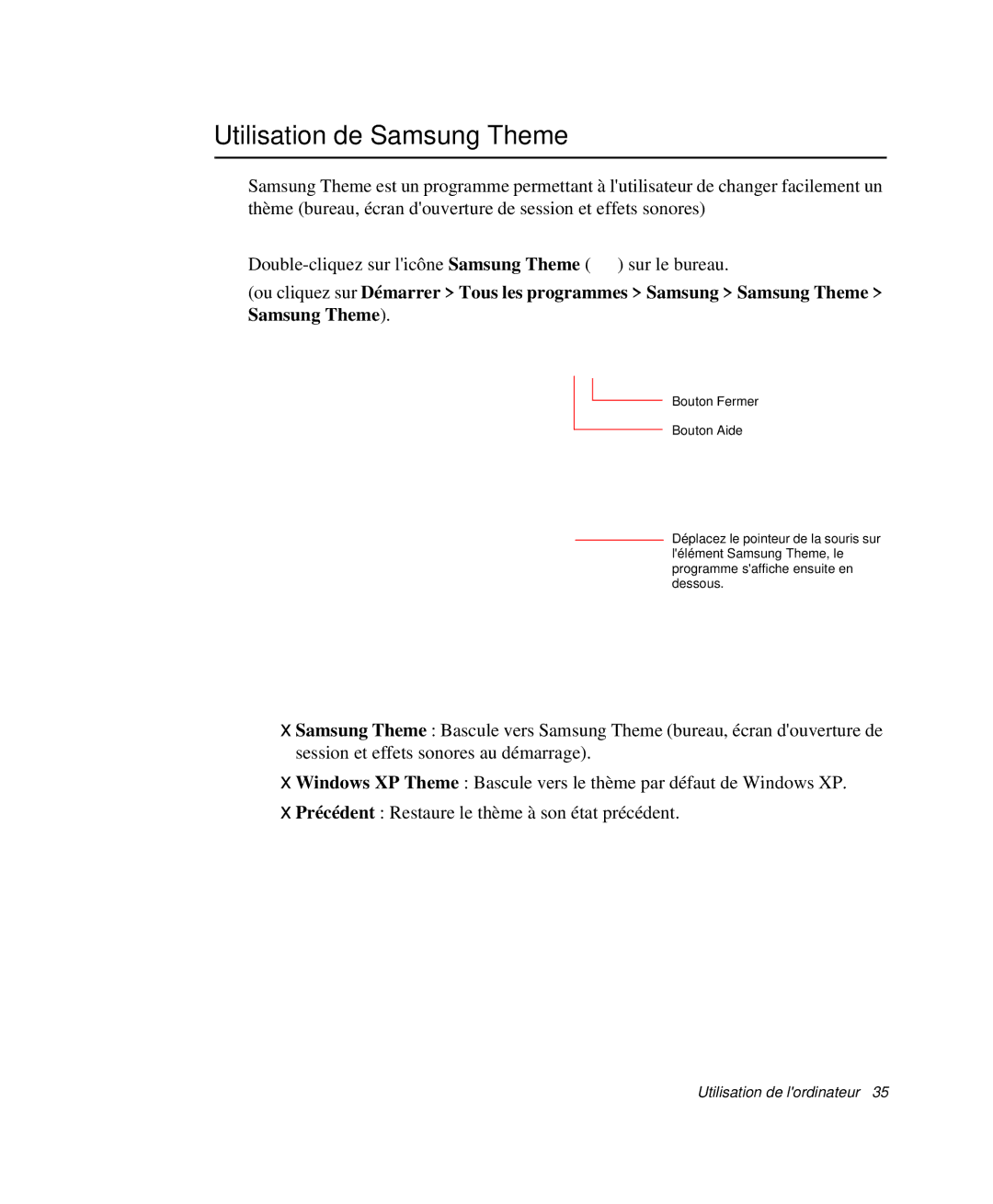 Samsung NP-Q30T002/SEF, NP-Q30TY01/SEF, NP-Q30T001/SEF, NP-Q30CY00/SEF, NP-Q30TY02/SEF manual Utilisation de Samsung Theme 