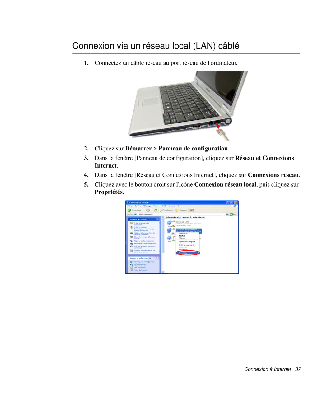 Samsung NP-Q30T001/SEF manual Connexion via un réseau local LAN câblé, Cliquez sur Démarrer Panneau de configuration 