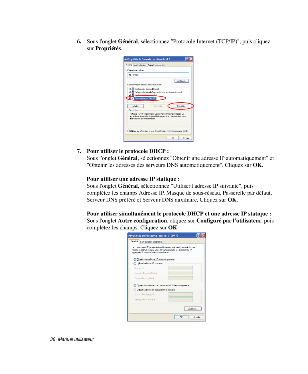 Samsung NP-Q30CY00/SEF, NP-Q30T002/SEF manual Pour utiliser le protocole Dhcp, Pour utiliser une adresse IP statique 