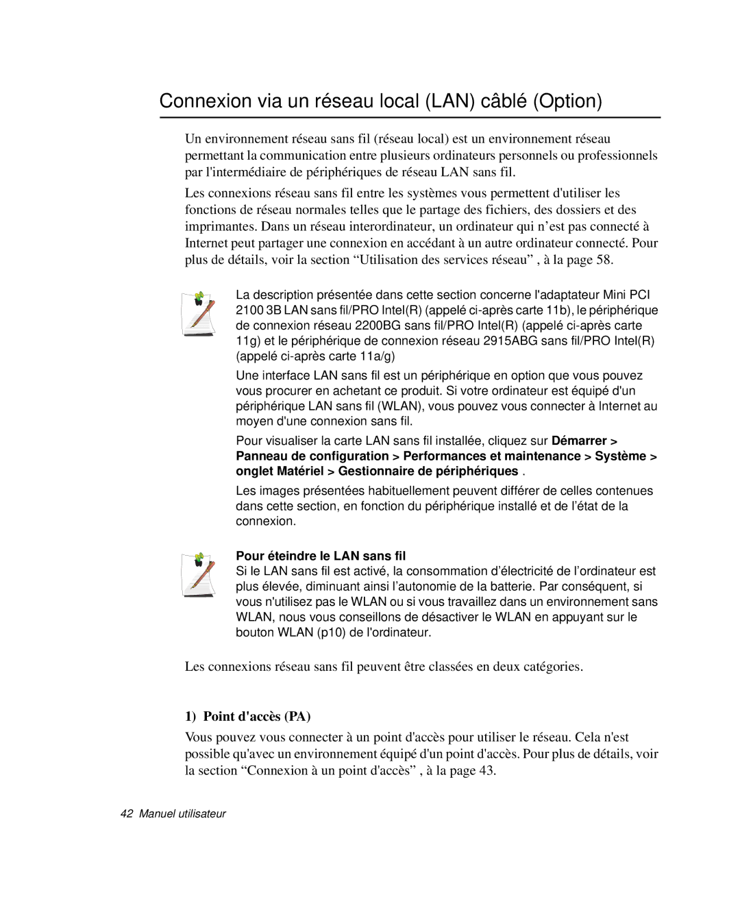 Samsung NP-Q30TY01/SEF Connexion via un réseau local LAN câblé Option, Point daccès PA, Pour éteindre le LAN sans fil 