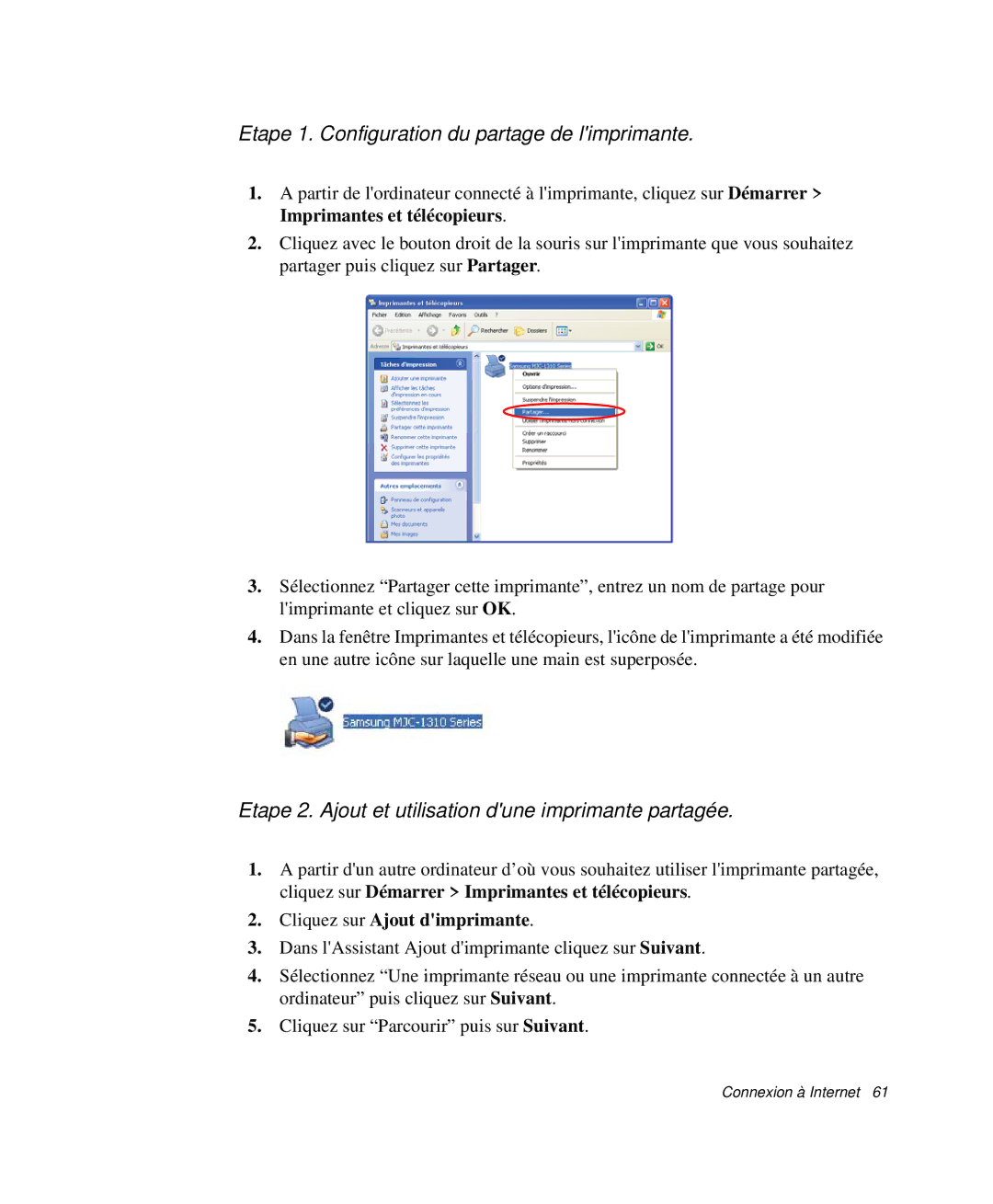 Samsung NP-Q30T001/SEF, NP-Q30T002/SEF Etape 1. Configuration du partage de limprimante, Cliquez sur Ajout dimprimante 