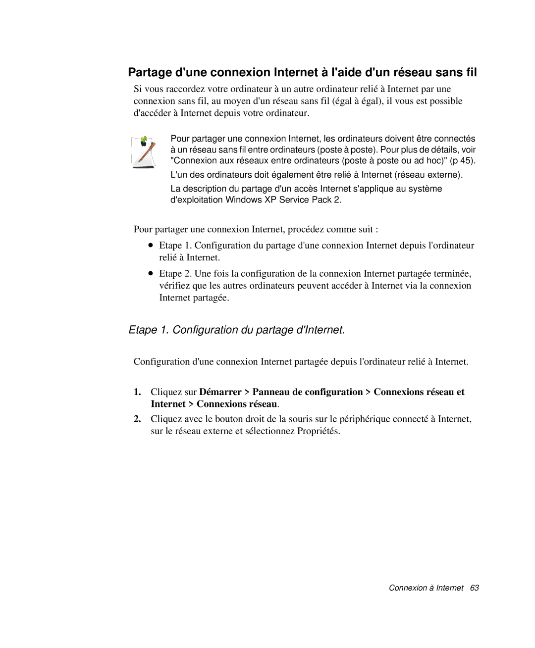 Samsung NP-Q30TY02/SEF, NP-Q30T002/SEF, NP-Q30TY01/SEF manual Partage dune connexion Internet à laide dun réseau sans fil 