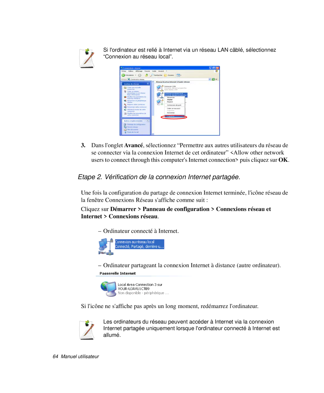 Samsung NP-Q30T003/SEF, NP-Q30T002/SEF, NP-Q30TY01/SEF manual Etape 2. Vérification de la connexion Internet partagée 