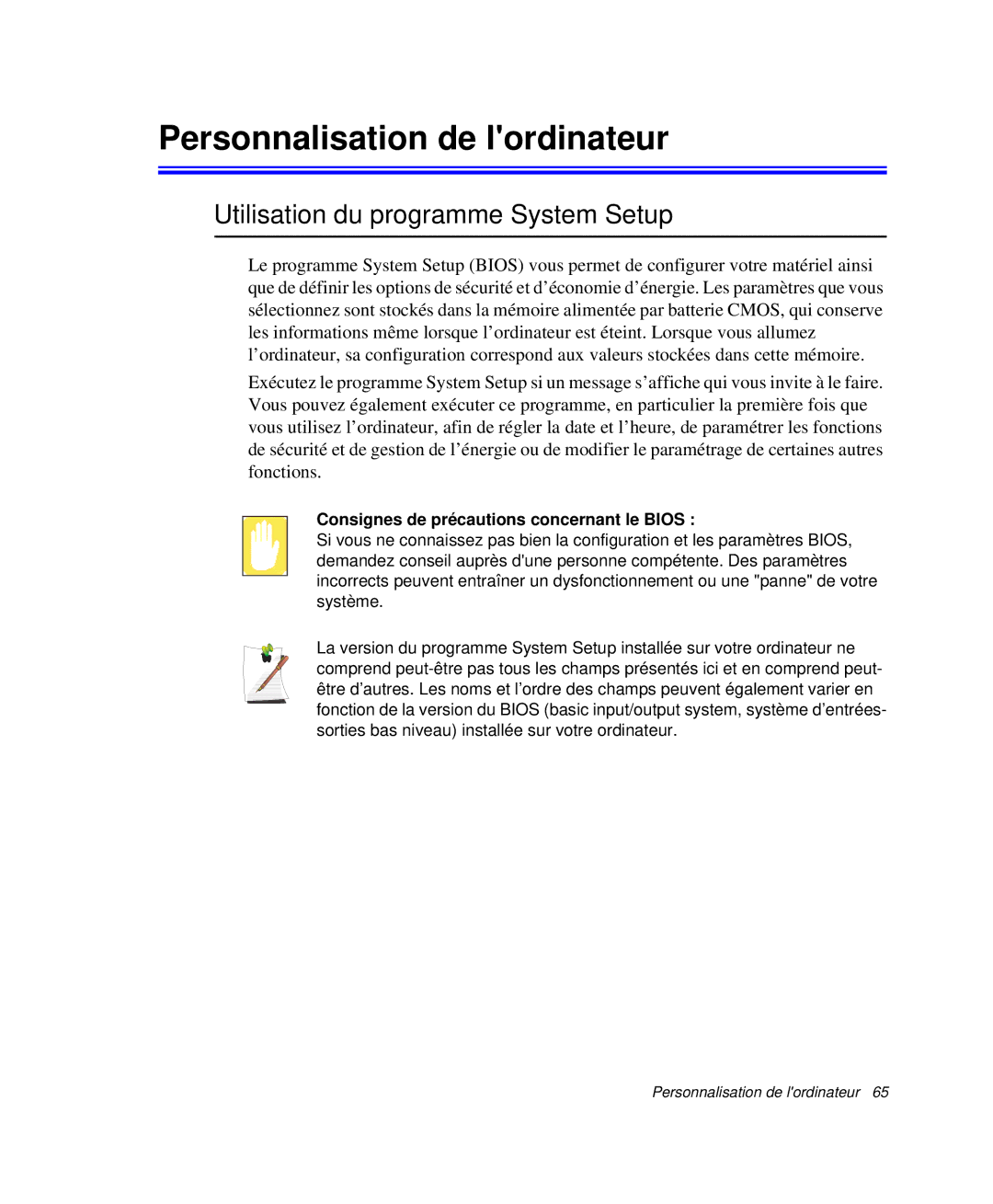 Samsung NP-Q30T002/SEF, NP-Q30TY01/SEF manual Personnalisation de lordinateur, Utilisation du programme System Setup 