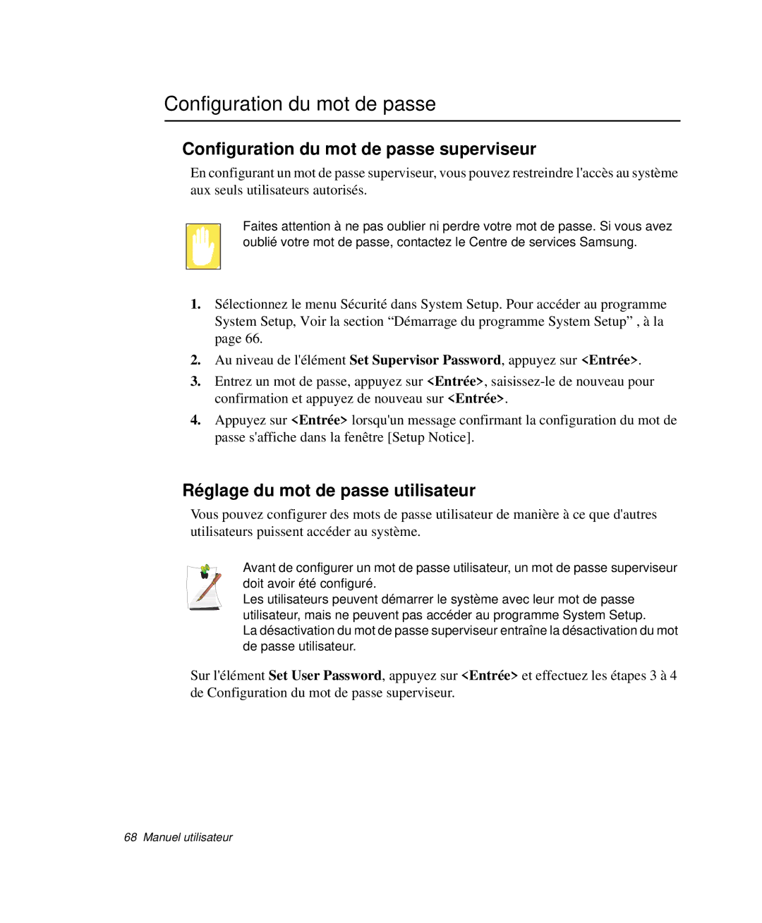 Samsung NP-Q30CY00/SEF, NP-Q30T002/SEF Configuration du mot de passe superviseur, Réglage du mot de passe utilisateur 