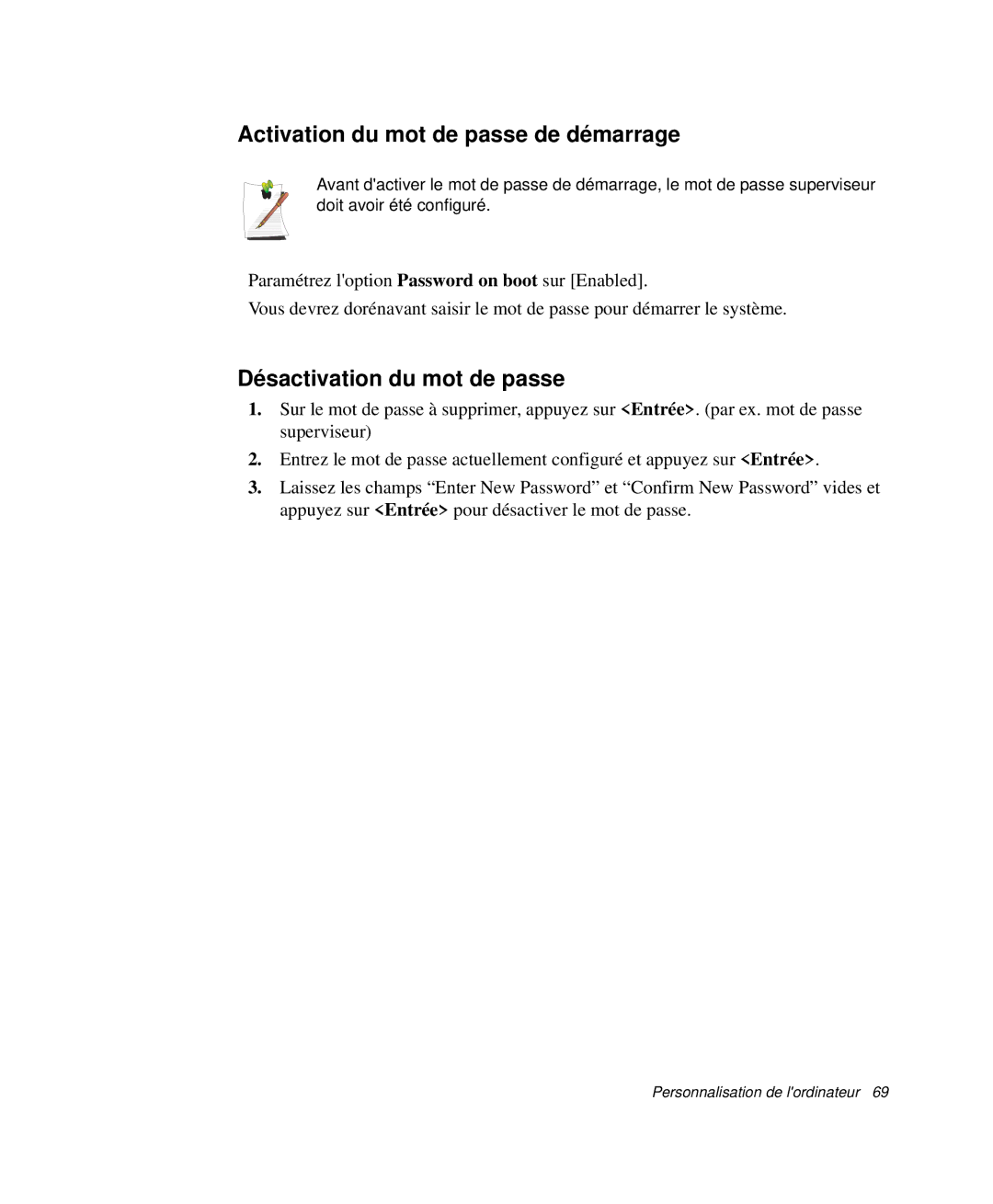 Samsung NP-Q30TY02/SEF, NP-Q30T002/SEF manual Activation du mot de passe de démarrage, Désactivation du mot de passe 