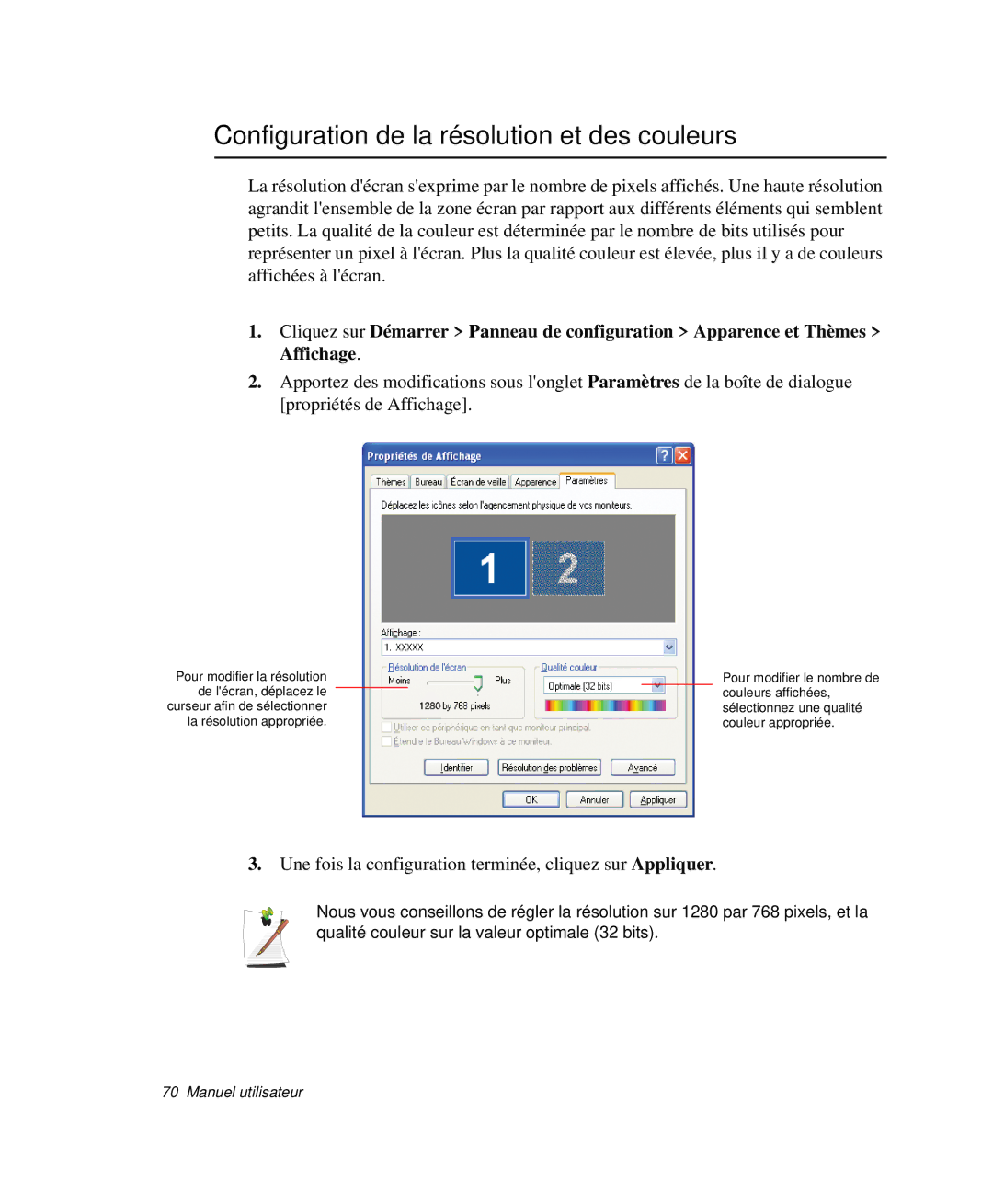 Samsung NP-Q30T003/SEF, NP-Q30T002/SEF, NP-Q30TY01/SEF, NP-Q30T001/SEF manual Configuration de la résolution et des couleurs 