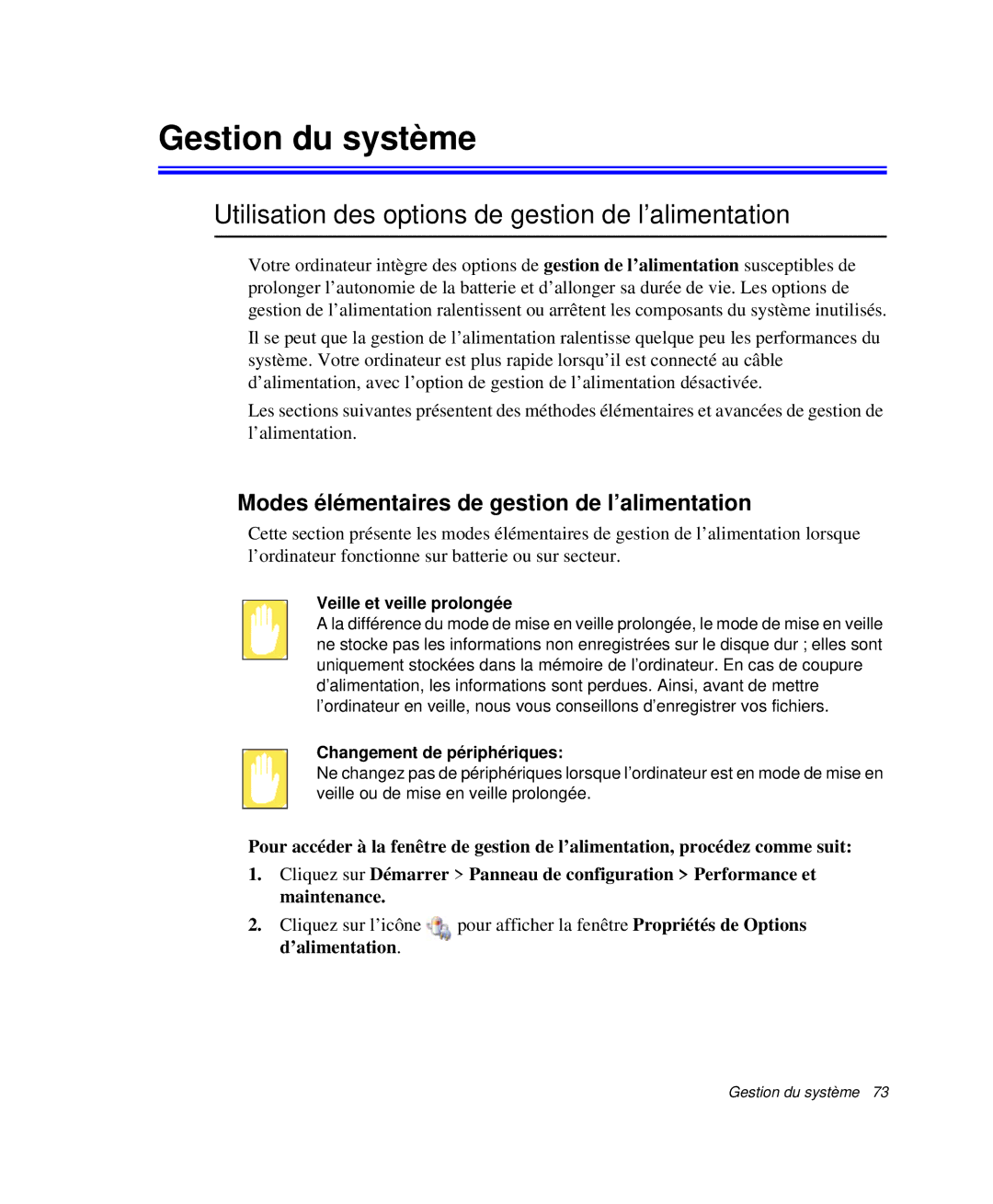 Samsung NP-Q30T001/SEF, NP-Q30T002/SEF manual Gestion du système, Utilisation des options de gestion de l’alimentation 