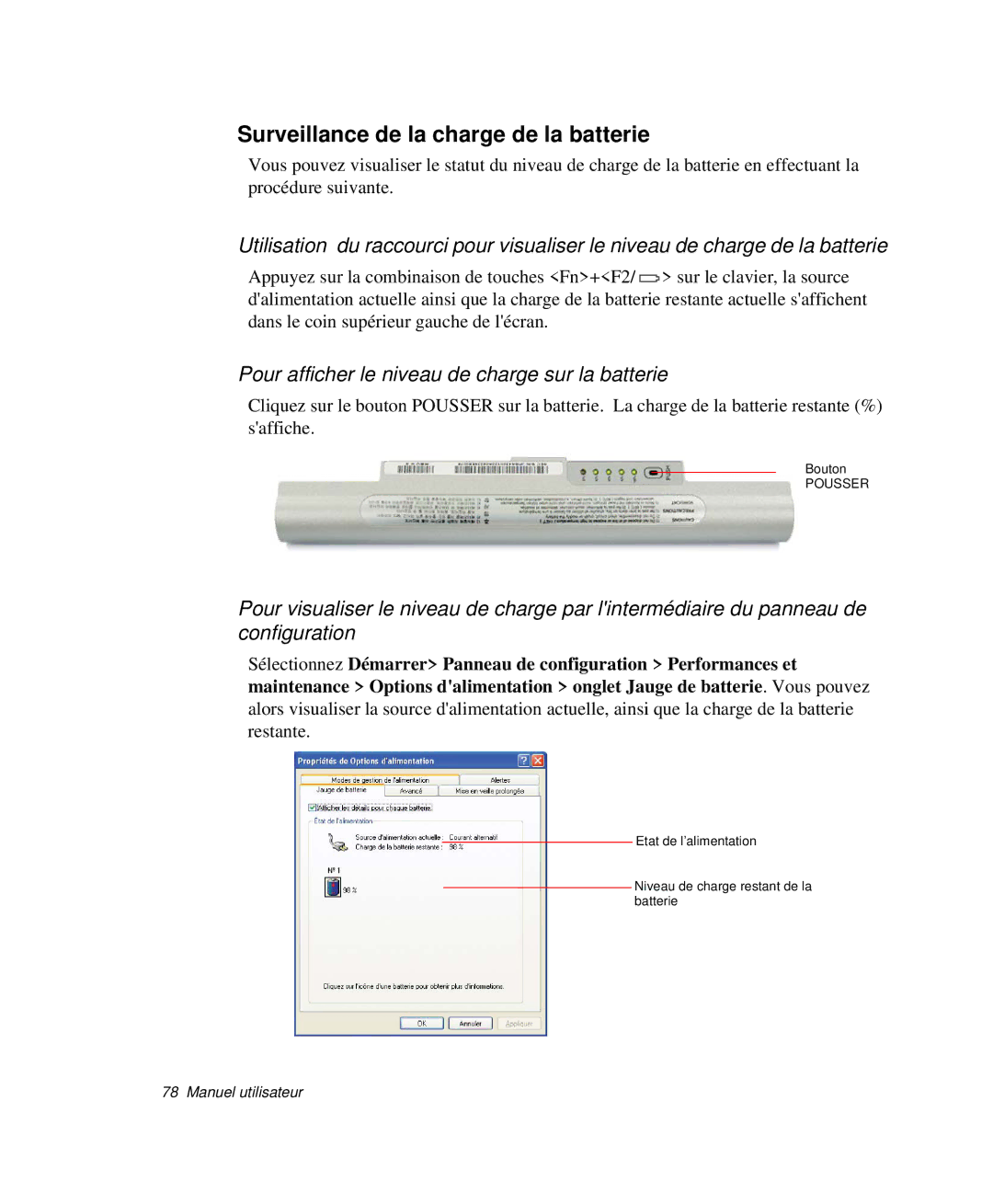 Samsung NP-Q30TY01/SEF manual Surveillance de la charge de la batterie, Pour afficher le niveau de charge sur la batterie 