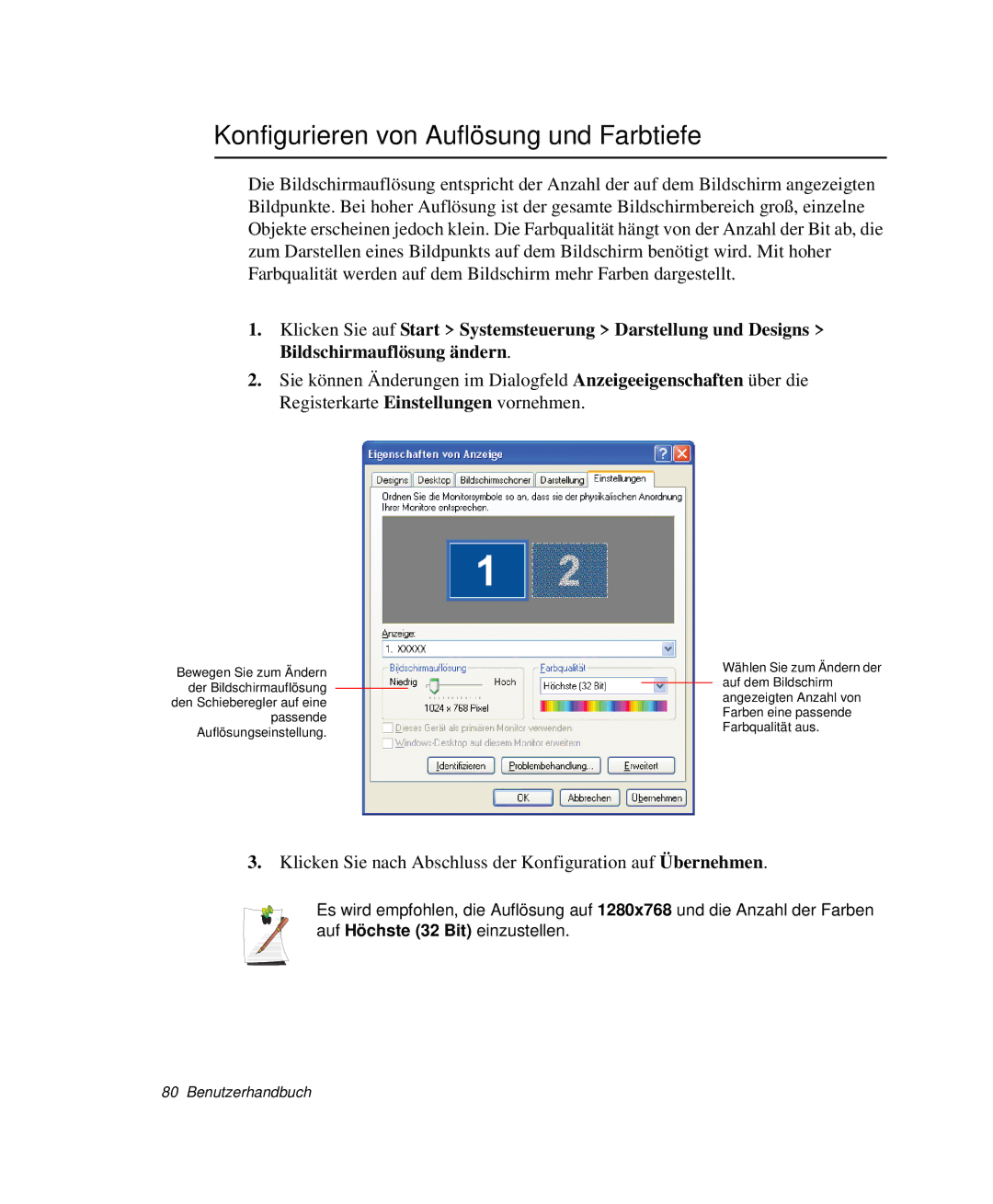 Samsung NP-Q30C004/SUK, NP-Q30T007/SEG, NP-Q30T000/SEG, NP-Q30TY02/SEG manual Konfigurieren von Auflösung und Farbtiefe 