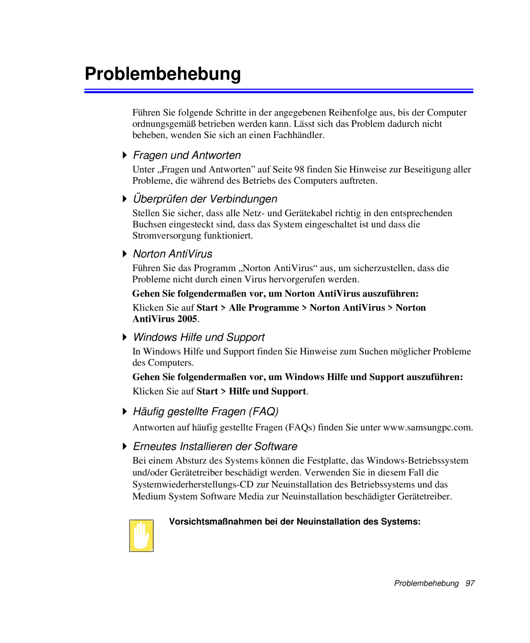 Samsung NP-Q30T006/SEG manual Problembehebung, Fragen und Antworten, Überprüfen der Verbindungen, Norton AntiVirus 