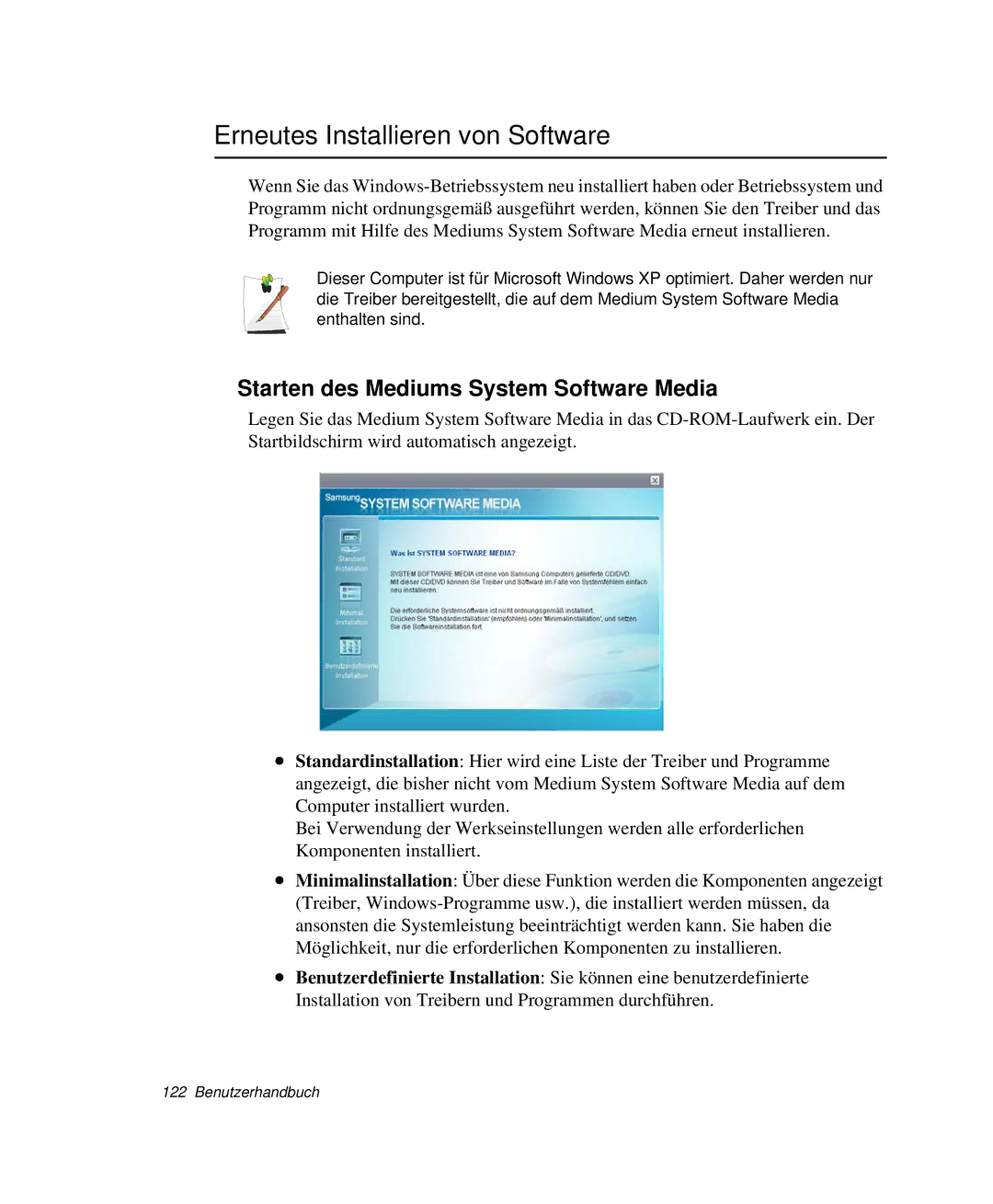 Samsung NP-Q30C004/SUK, NP-Q30T007/SEG manual Erneutes Installieren von Software, Starten des Mediums System Software Media 