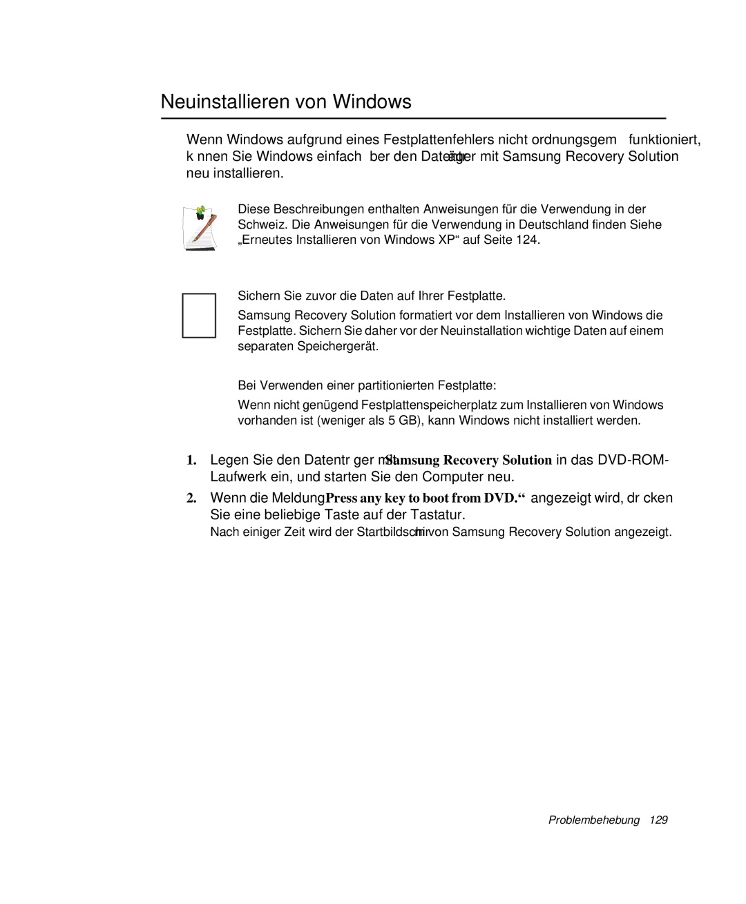 Samsung NP-Q30T002/SEG, NP-Q30T007/SEG manual Neuinstallieren von Windows, Sichern Sie zuvor die Daten auf Ihrer Festplatte 