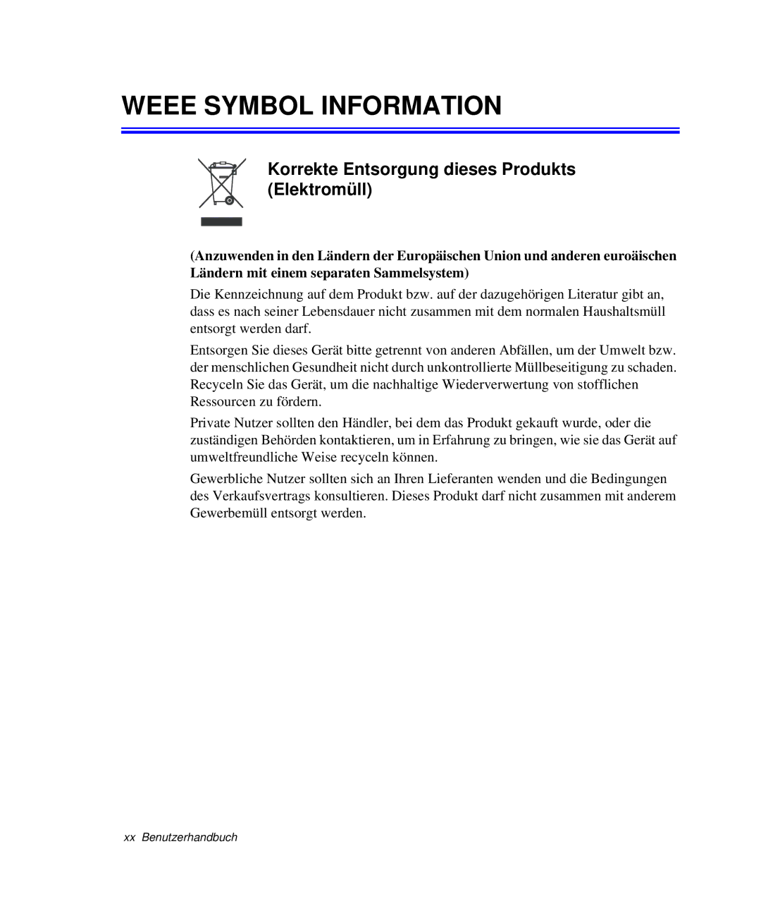 Samsung NP-Q30TY01/SEG, NP-Q30T007/SEG manual Weee Symbol Information, Korrekte Entsorgung dieses Produkts Elektromüll 