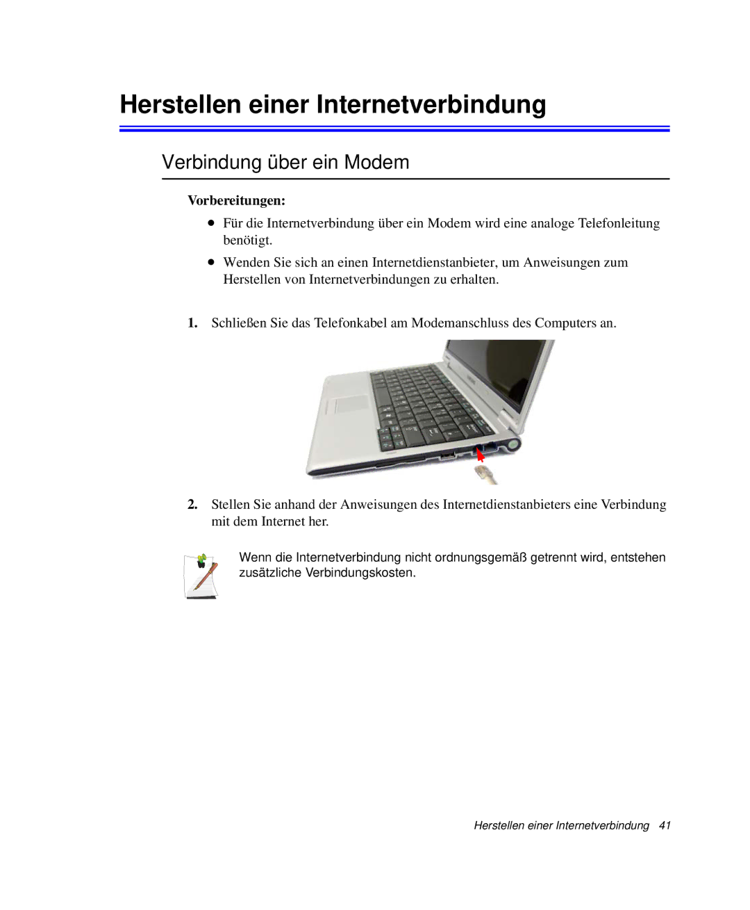 Samsung NP-Q30T006/SEG, NP-Q30T007/SEG manual Herstellen einer Internetverbindung, Verbindung über ein Modem, Vorbereitungen 