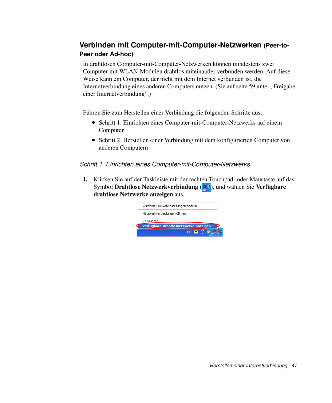 Samsung NP-Q30T001/SEG, NP-Q30T007/SEG manual Verbinden mit Computer-mit-Computer-Netzwerken Peer-to, Peer oder Ad-hoc 