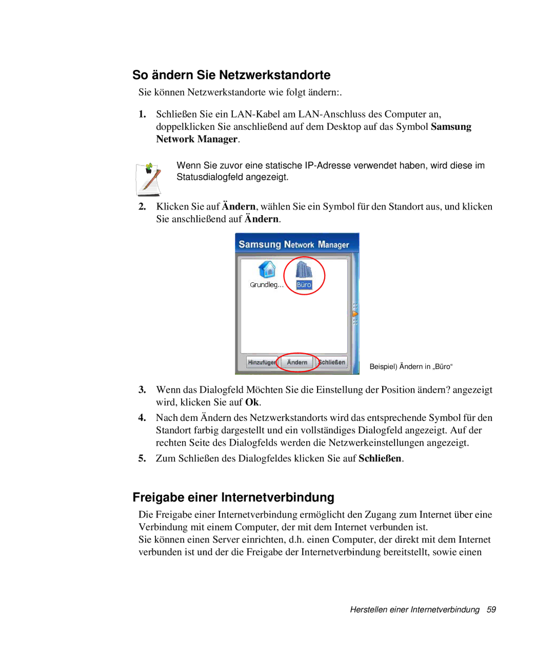 Samsung NP-Q30T002/SEG, NP-Q30T007/SEG, NP-Q30T000/SEG So ändern Sie Netzwerkstandorte, Freigabe einer Internetverbindung 