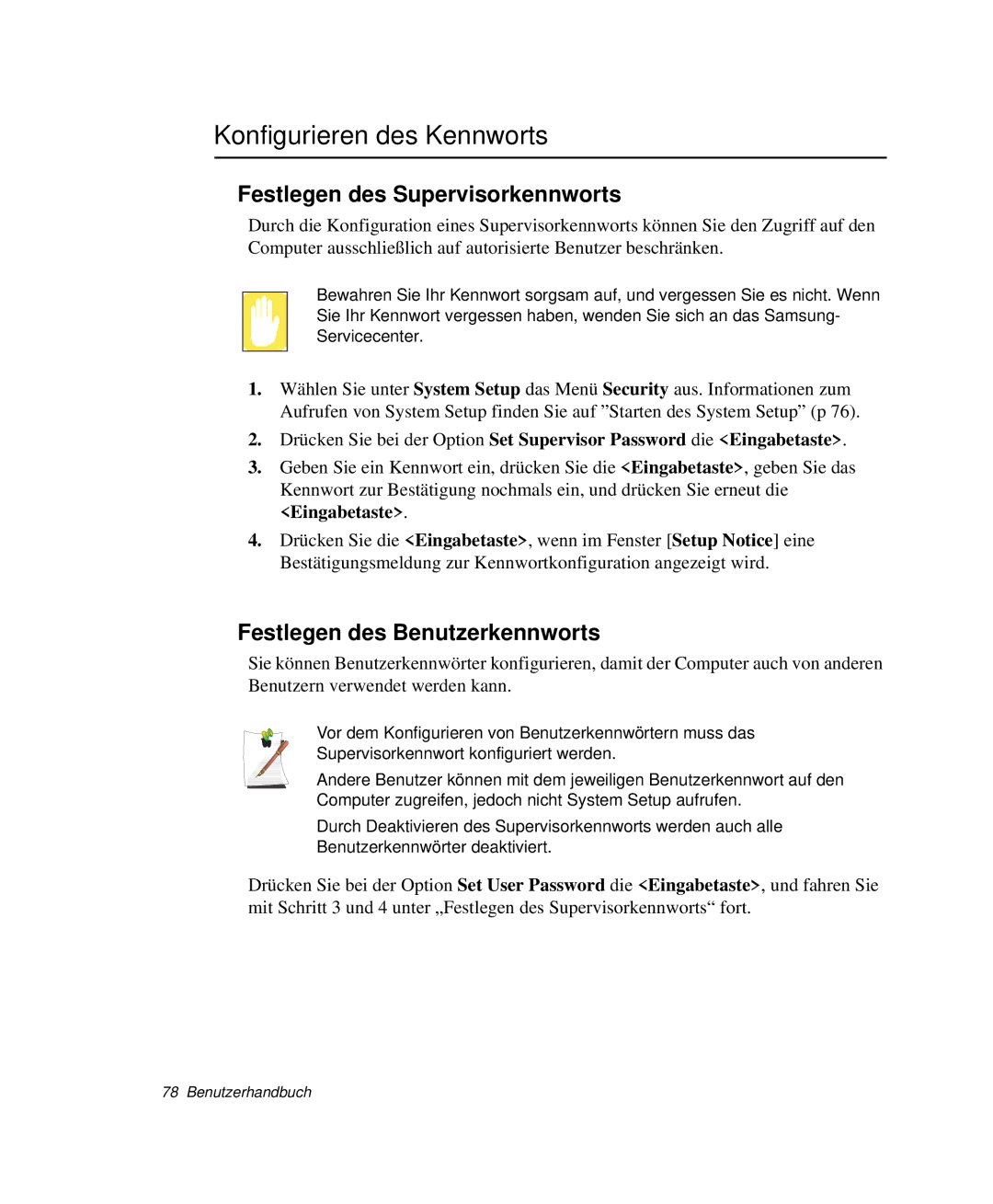 Samsung NP-Q30T007/SEG Konfigurieren des Kennworts, Festlegen des Supervisorkennworts, Festlegen des Benutzerkennworts 