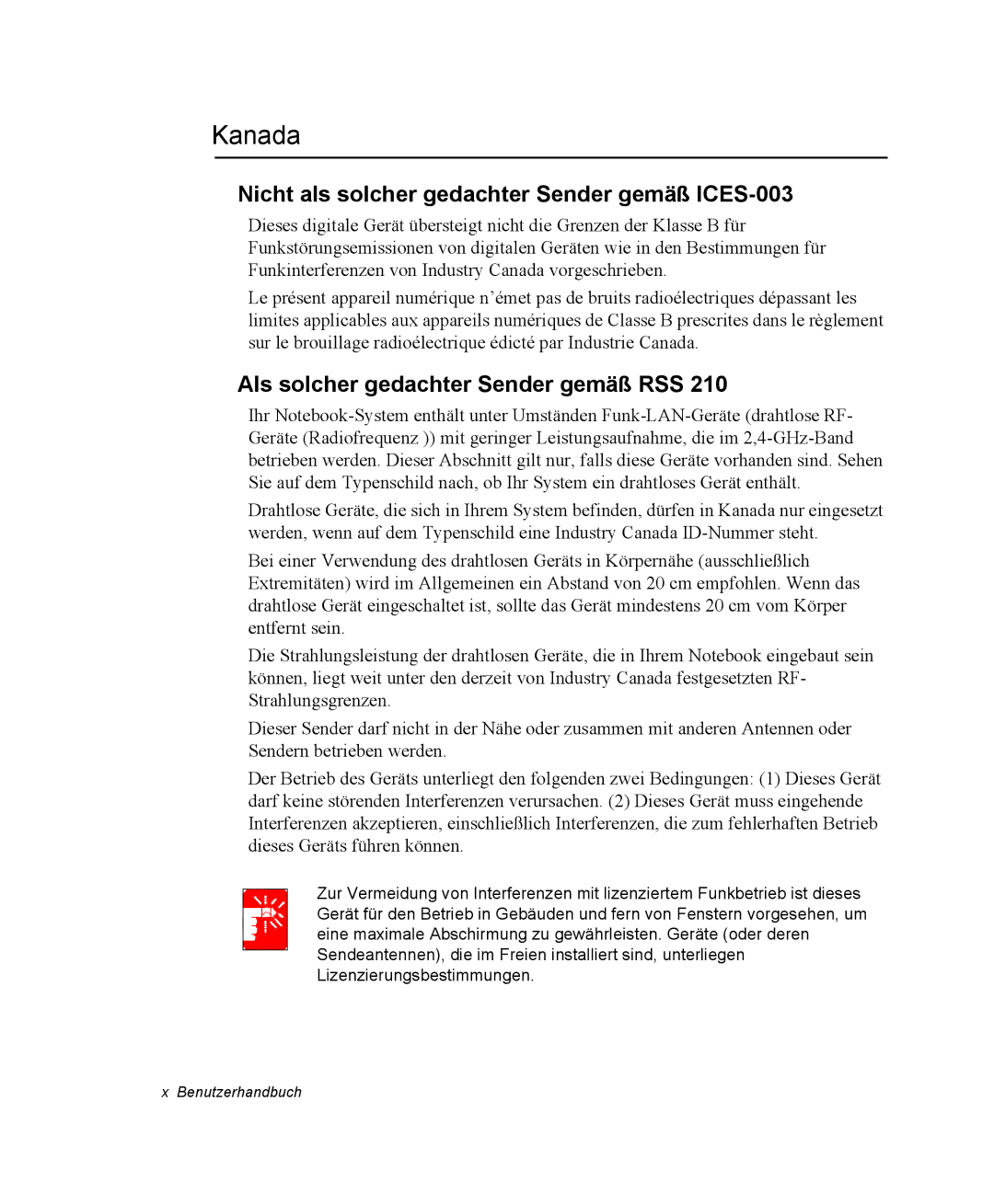 Samsung NP-Q30T003/SEG Kanada, Nicht als solcher gedachter Sender gemäß ICES-003, Als solcher gedachter Sender gemäß RSS 