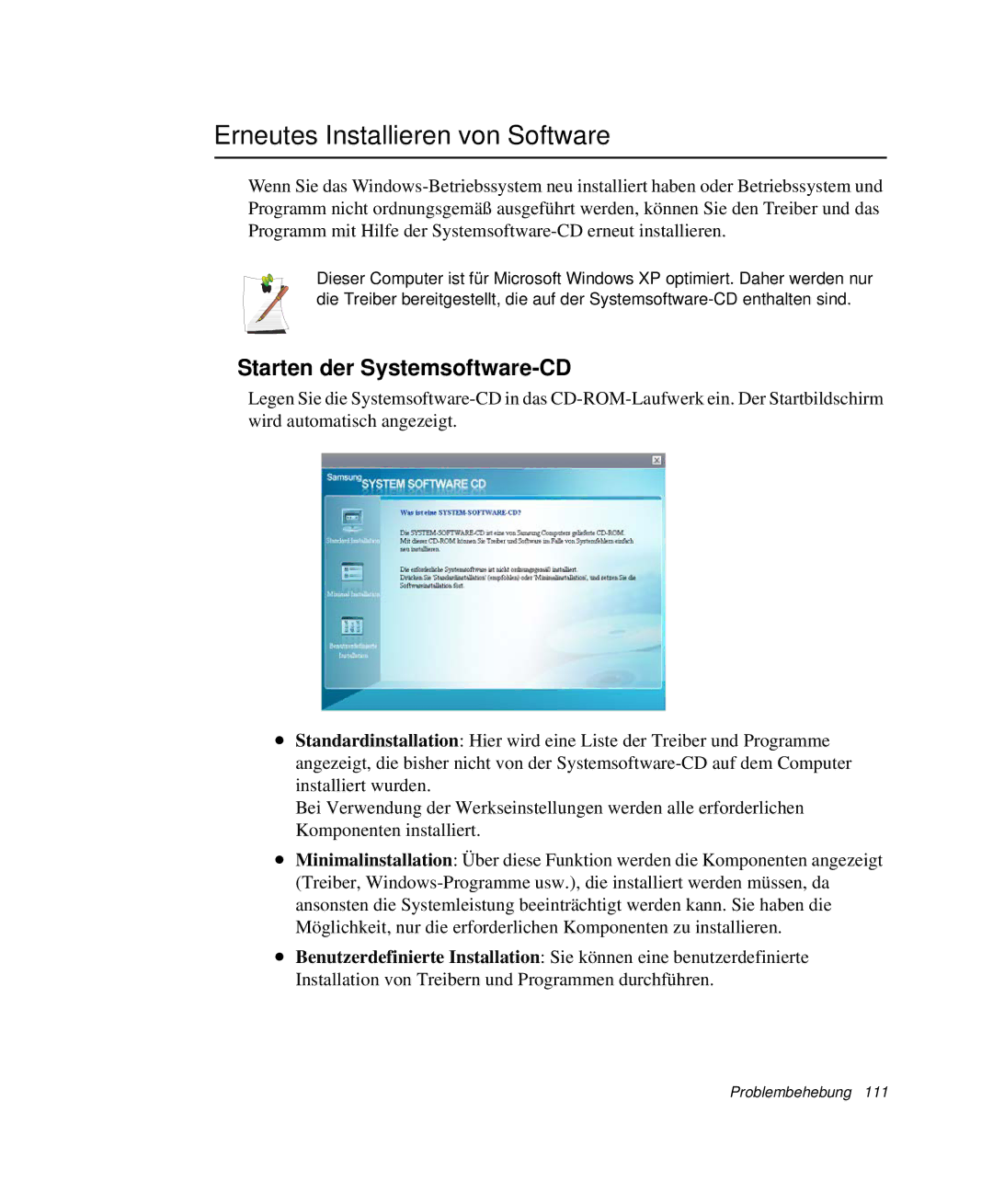 Samsung NP-Q30CY01/SEG, NP-Q30T007/SEG, NP-Q30T000/SEG Erneutes Installieren von Software, Starten der Systemsoftware-CD 