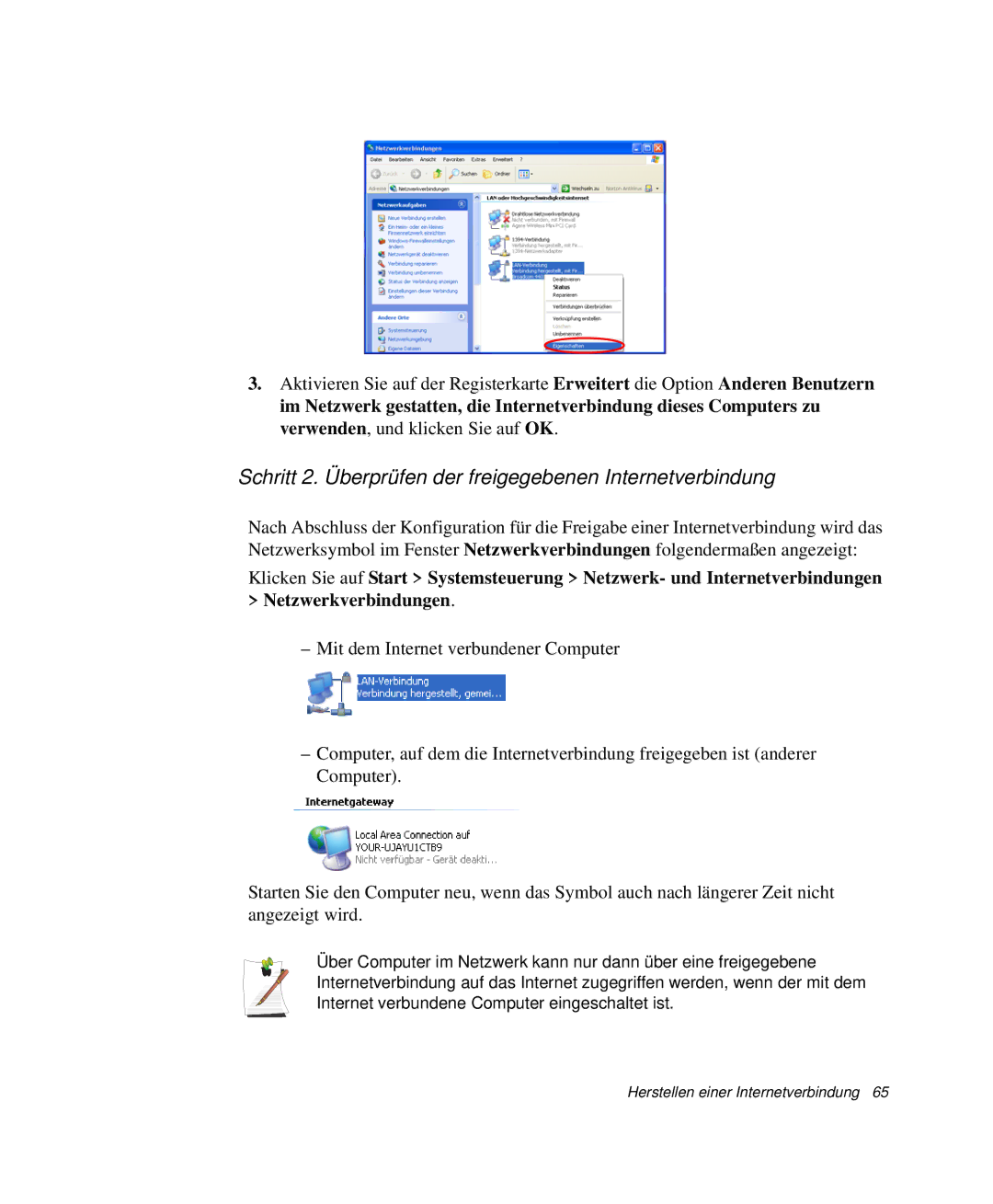 Samsung NP-Q30TY03/SEG, NP-Q30T007/SEG, NP-Q30T000/SEG manual Schritt 2. Überprüfen der freigegebenen Internetverbindung 