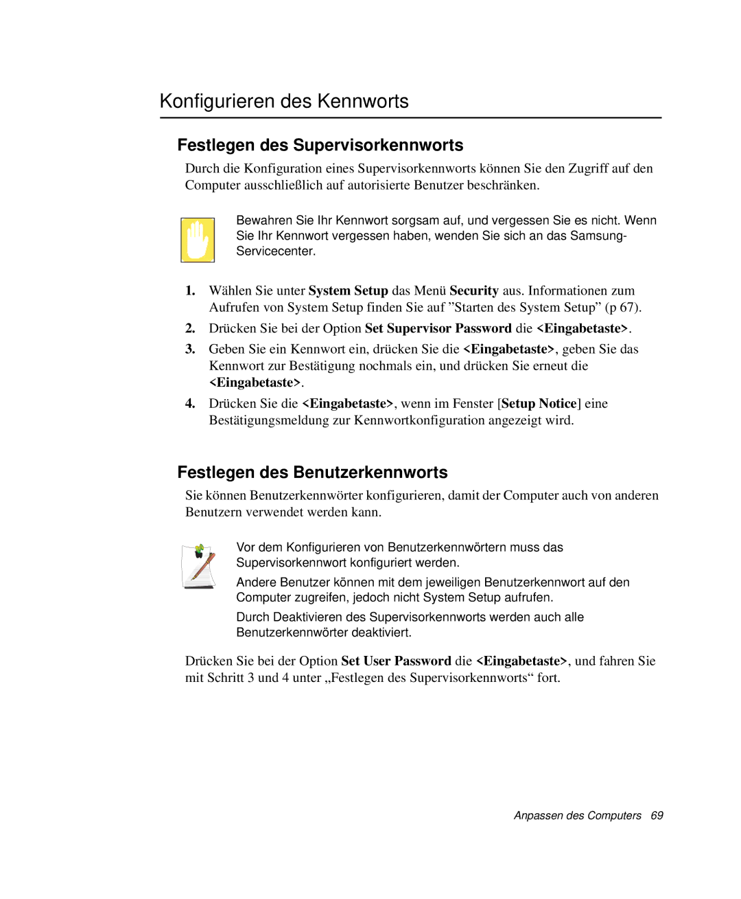 Samsung NP-Q30CY01/SEG Konfigurieren des Kennworts, Festlegen des Supervisorkennworts, Festlegen des Benutzerkennworts 