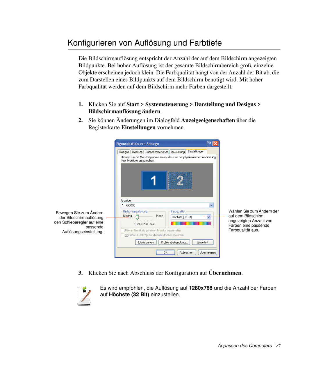 Samsung NP-Q30T007/SEG, NP-Q30T000/SEG, NP-Q30C004/SUK, NP-Q30TY02/SEG manual Konfigurieren von Auflösung und Farbtiefe 