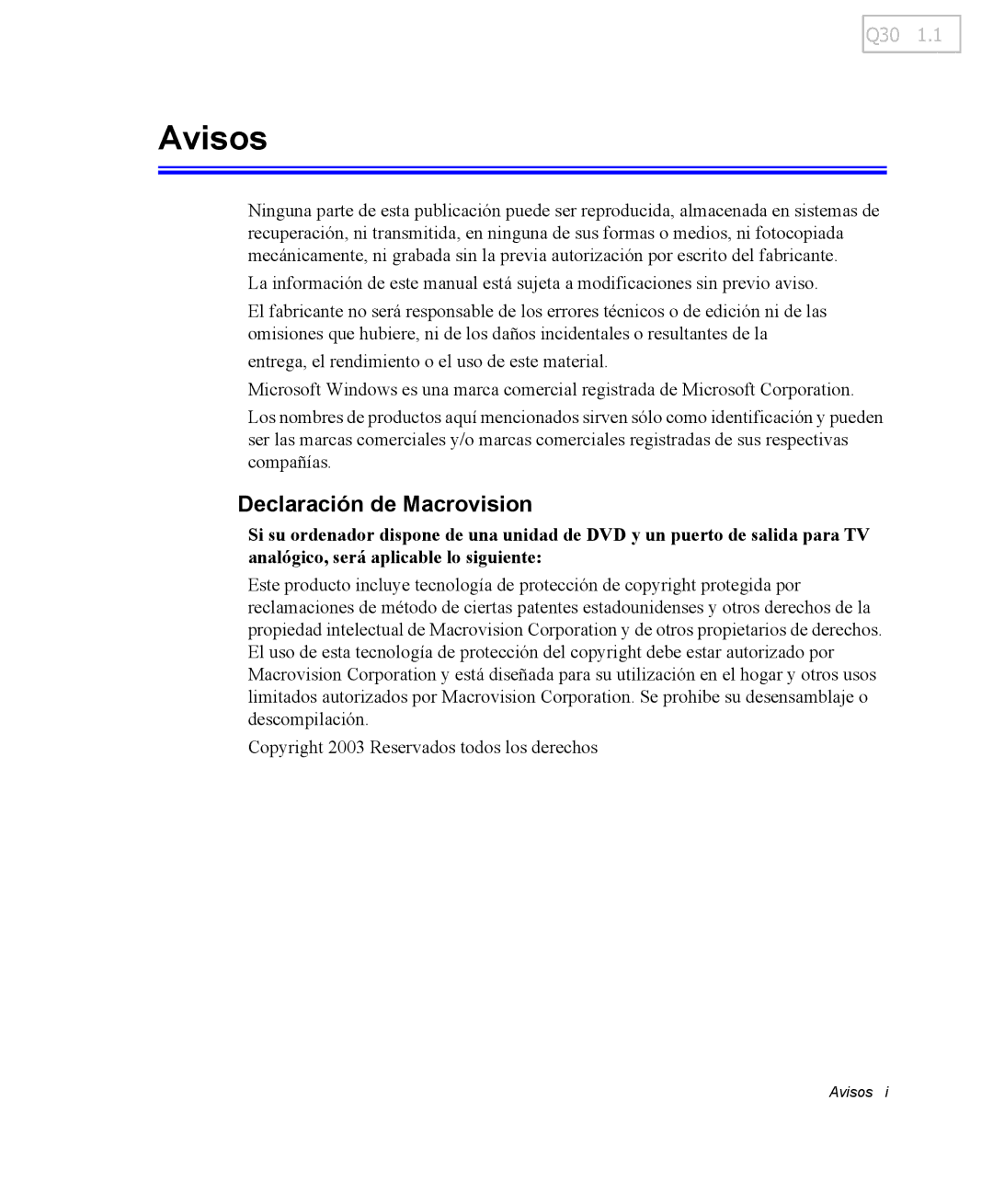 Samsung NP-Q30T001/SES, NP-Q30TY02/SES, NP-Q30CY01/SES, NP-Q30C002/SES manual Avisos, Declaración de Macrovision 