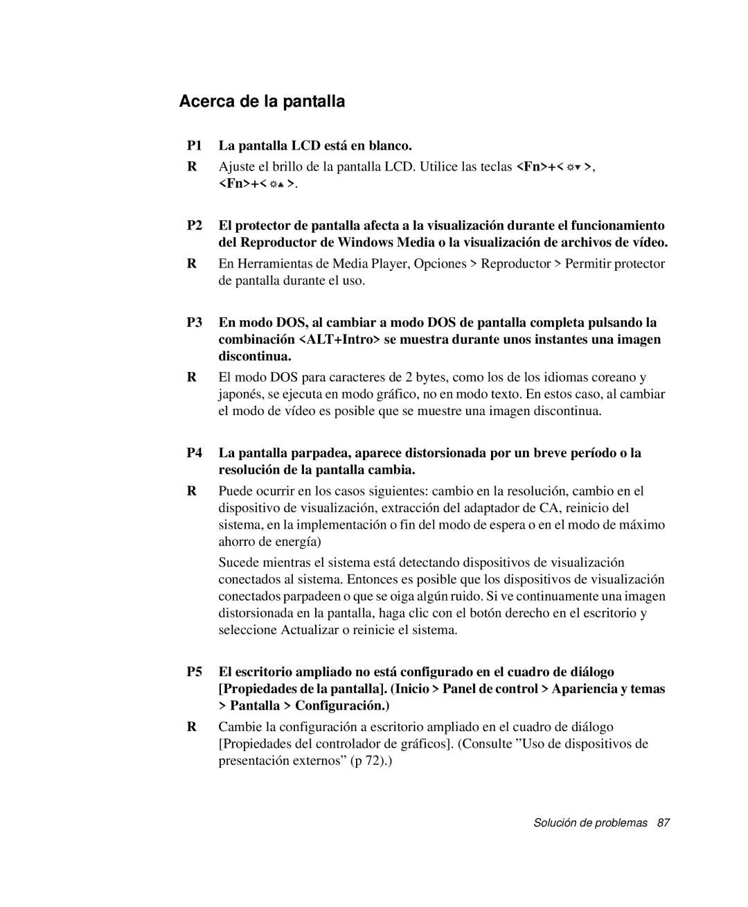 Samsung NP-Q30T004/SES, NP-Q30TY02/SES, NP-Q30T001/SES manual Acerca de la pantalla, P1 La pantalla LCD está en blanco 