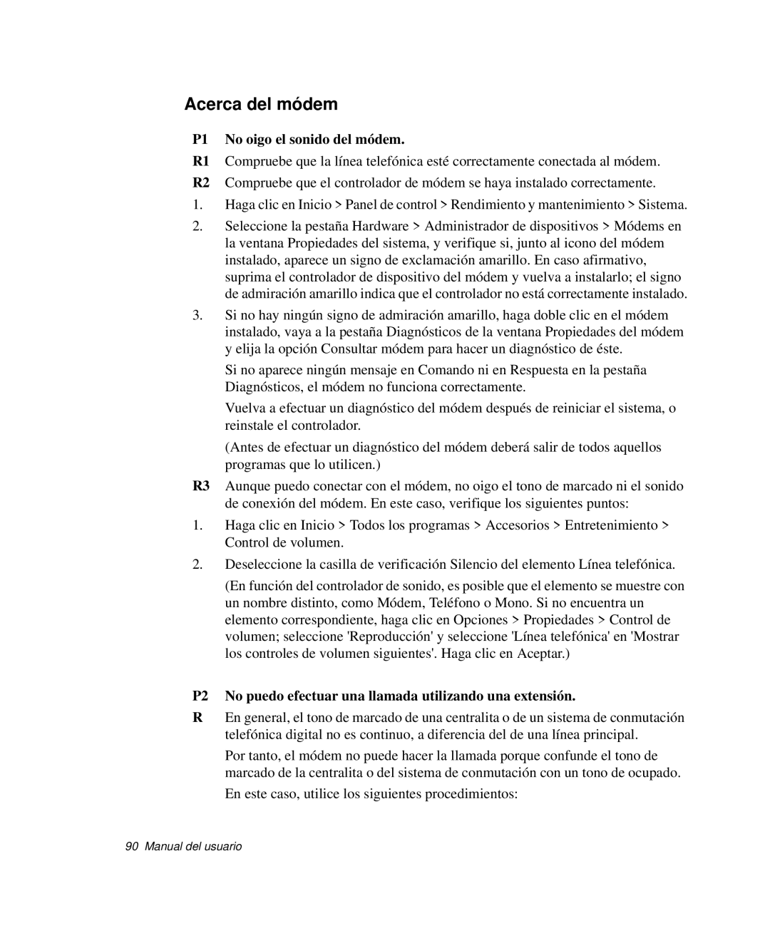 Samsung NP-Q30TY04/SES, NP-Q30TY02/SES, NP-Q30T001/SES, NP-Q30CY01/SES manual Acerca del módem, P1 No oigo el sonido del módem 