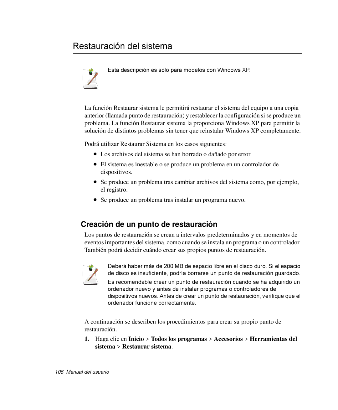 Samsung NP-P40CV01/SES, NP-Q30TY02/SES, NP-Q30T001/SES manual Restauración del sistema, Creación de un punto de restauración 