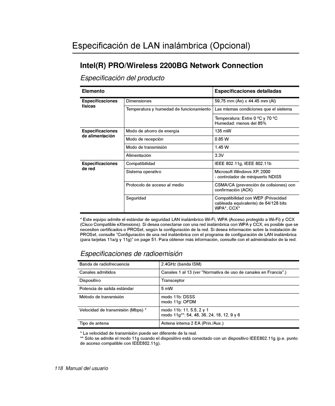 Samsung NP-P40TV01/SES manual Especificación de LAN inalámbrica Opcional, IntelR PRO/Wireless 2200BG Network Connection 