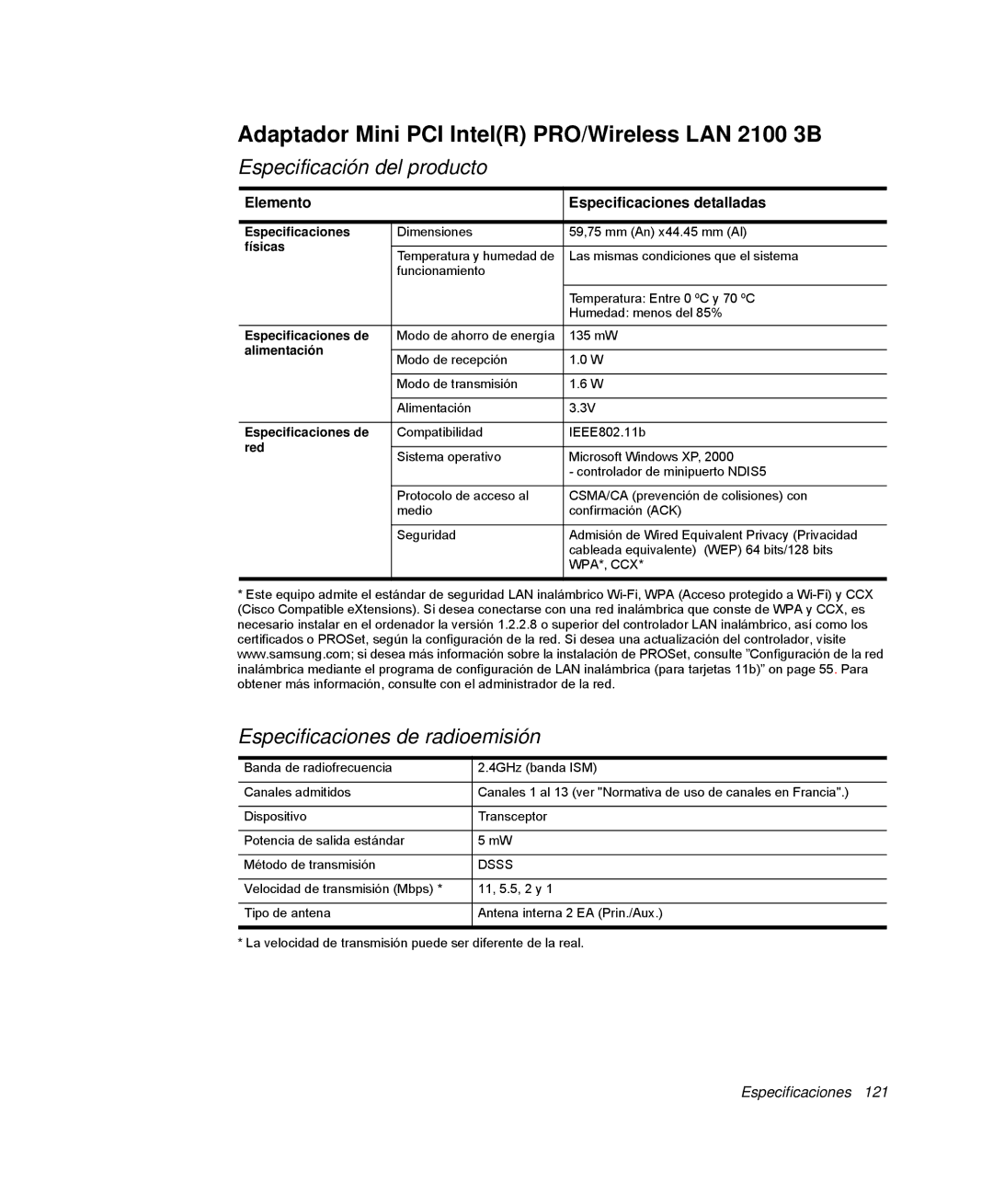 Samsung NP-P40CV04/SES, NP-Q30TY02/SES, NP-Q30T001/SES manual Adaptador Mini PCI IntelR PRO/Wireless LAN 2100 3B, Dsss 