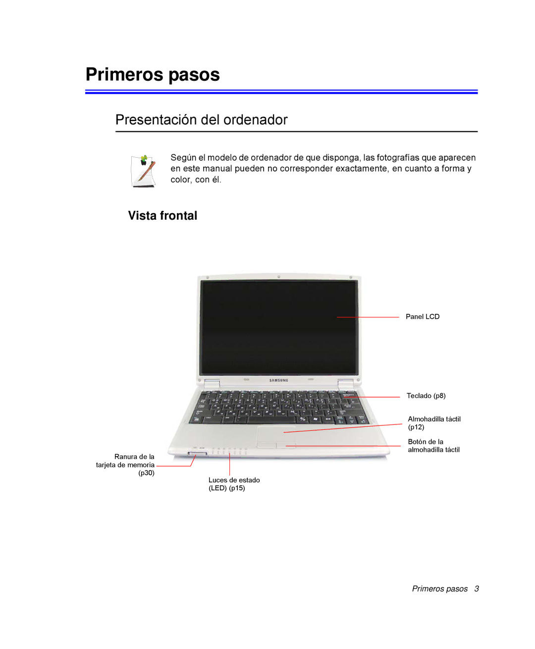 Samsung NP-Q30T004/SES, NP-Q30TY02/SES, NP-Q30T001/SES manual Primeros pasos, Presentación del ordenador, Vista frontal 