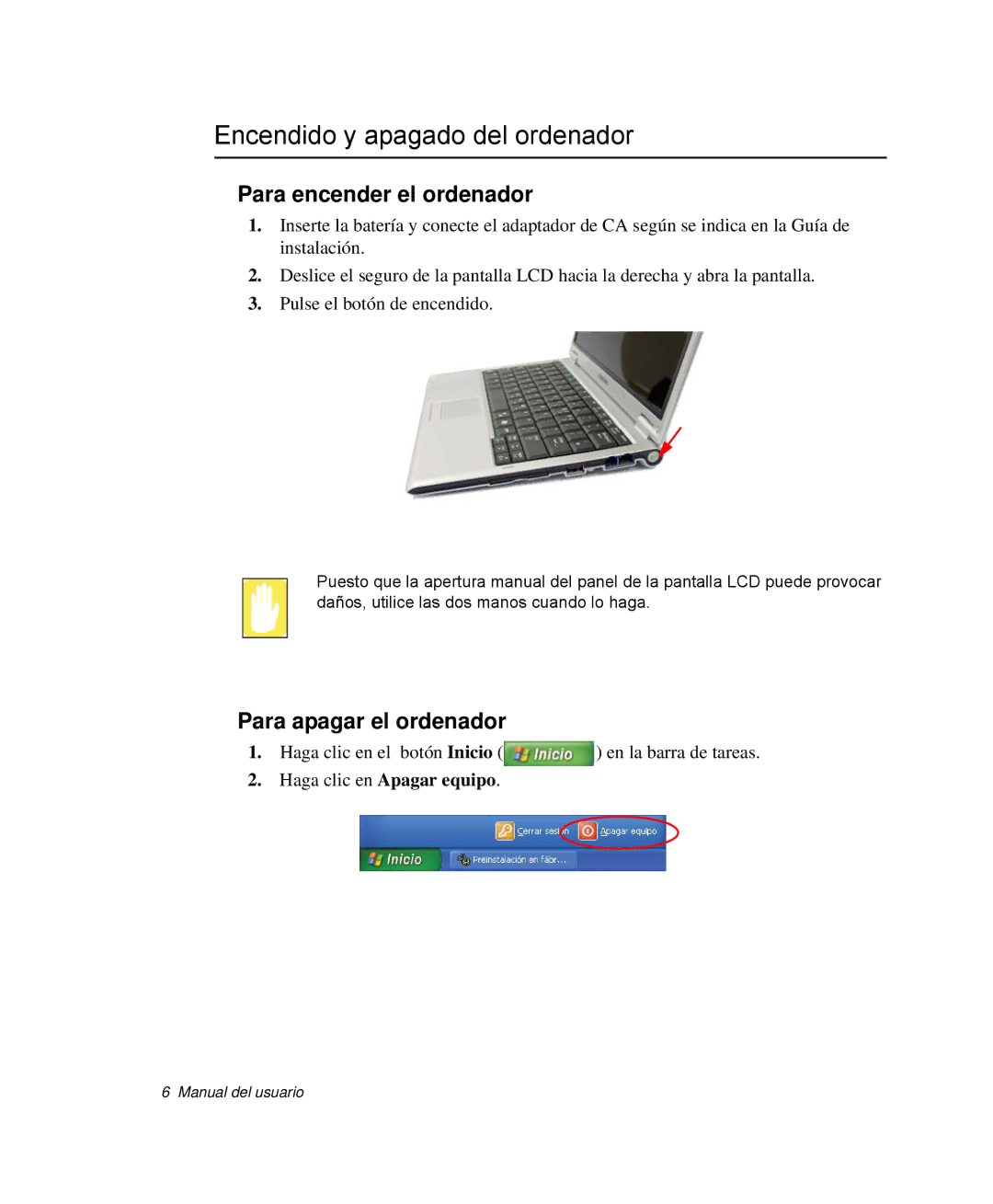 Samsung NP-Q30TY04/SES manual Encendido y apagado del ordenador, Para encender el ordenador, Para apagar el ordenador 