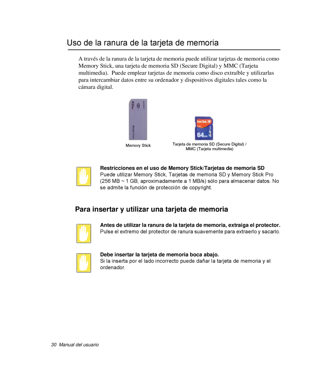 Samsung NP-Q30T001/SES manual Uso de la ranura de la tarjeta de memoria, Para insertar y utilizar una tarjeta de memoria 