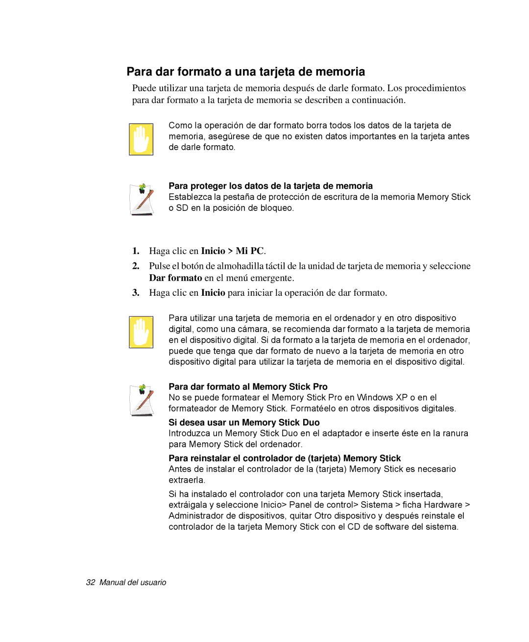 Samsung NP-Q30C002/SES manual Para dar formato a una tarjeta de memoria, Para proteger los datos de la tarjeta de memoria 