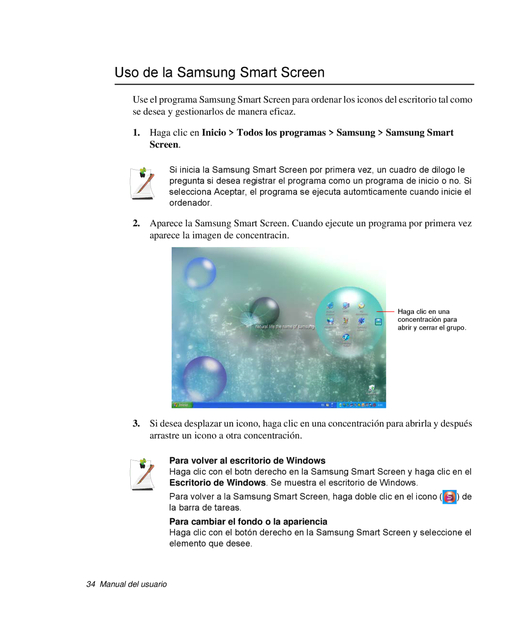 Samsung NP-P40TV01/SES, NP-Q30TY02/SES, NP-Q30T001/SES Uso de la Samsung Smart Screen, Para volver al escritorio de Windows 