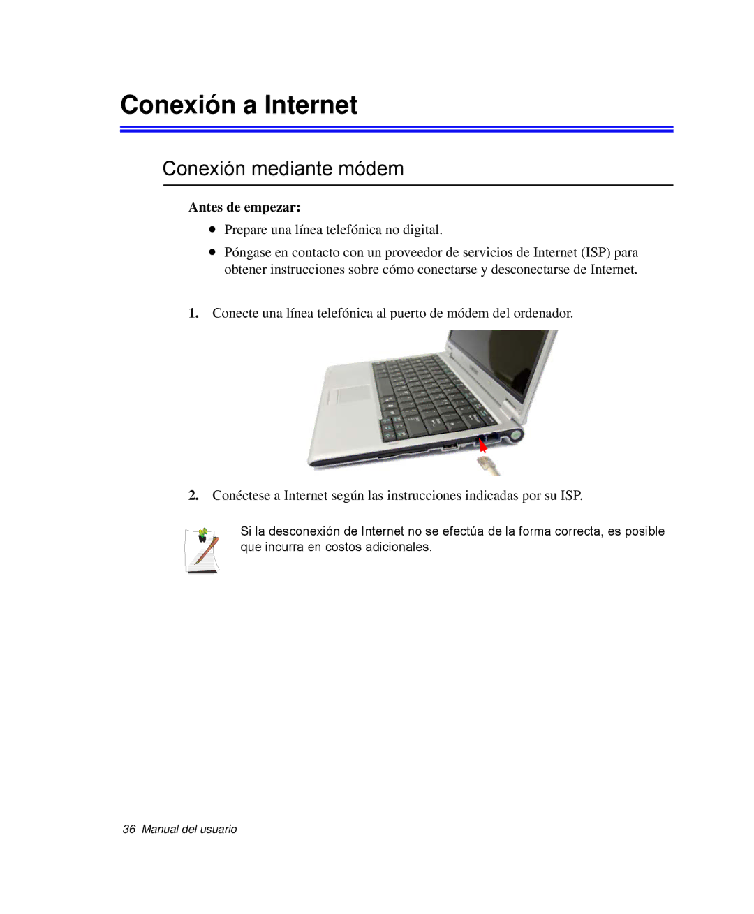 Samsung NP-P40TV04/SES, NP-Q30TY02/SES, NP-Q30T001/SES manual Conexión a Internet, Conexión mediante módem, Antes de empezar 