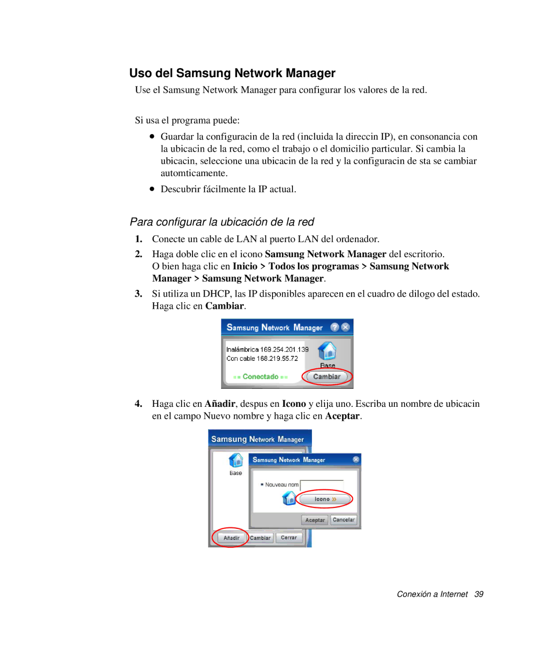 Samsung NP-Q30T003/SES, NP-Q30TY02/SES manual Uso del Samsung Network Manager, Para configurar la ubicación de la red 