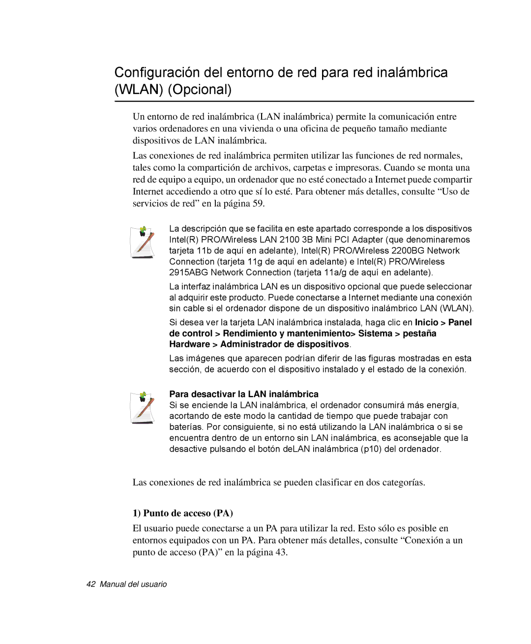 Samsung NP-P40CV02/SES, NP-Q30TY02/SES, NP-Q30T001/SES manual Punto de acceso PA, Para desactivar la LAN inalámbrica 