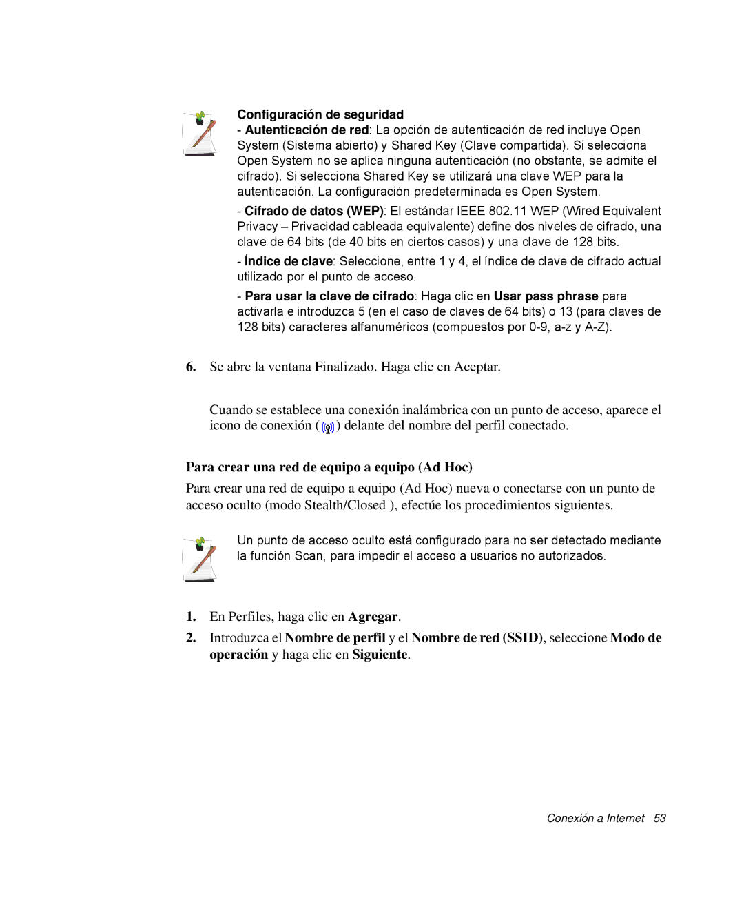 Samsung NP-Q30C002/SES, NP-Q30TY02/SES manual Para crear una red de equipo a equipo Ad Hoc, Configuración de seguridad 